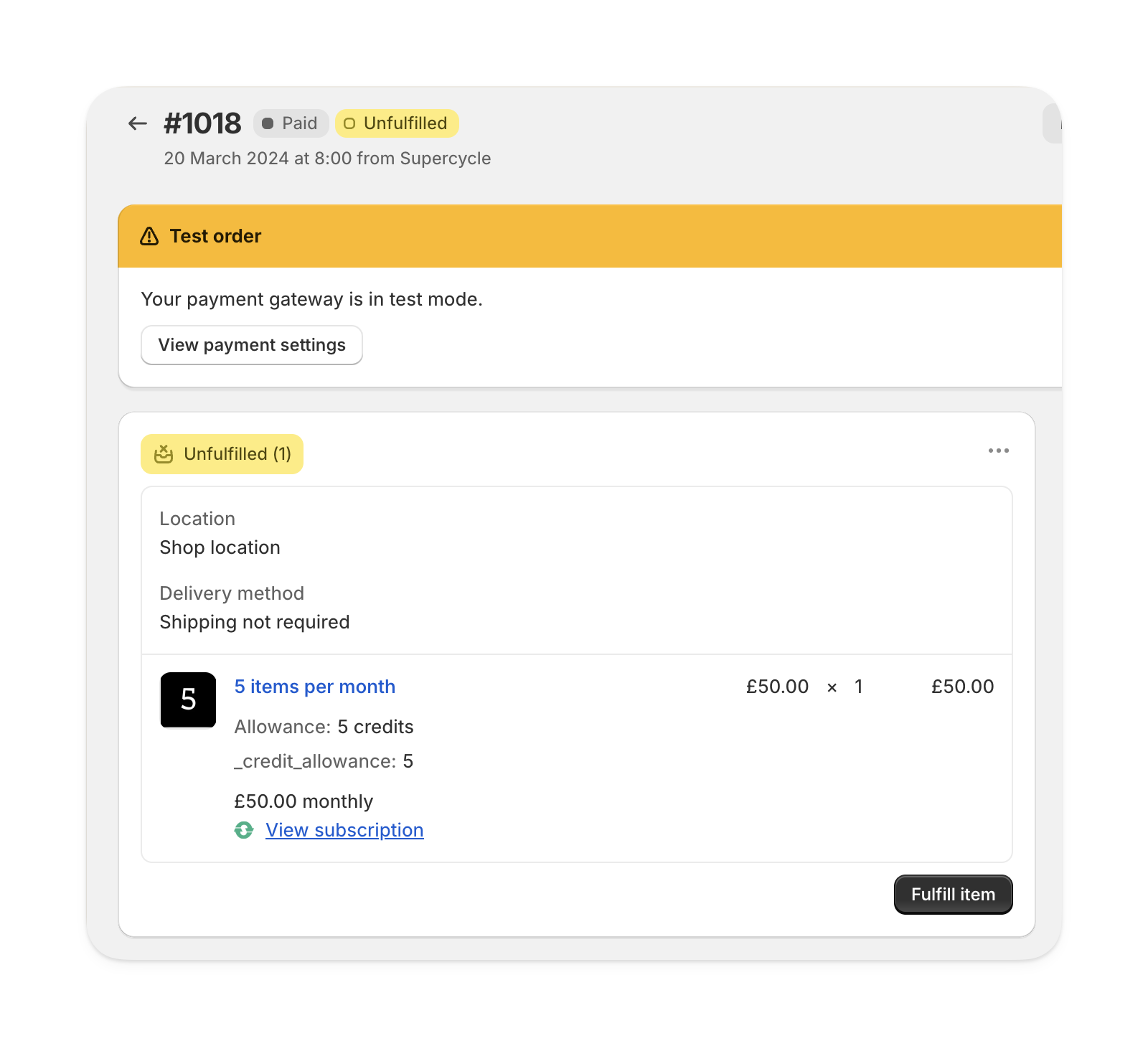 Membership product displayed in a Shopify order showing billing through Supercycle