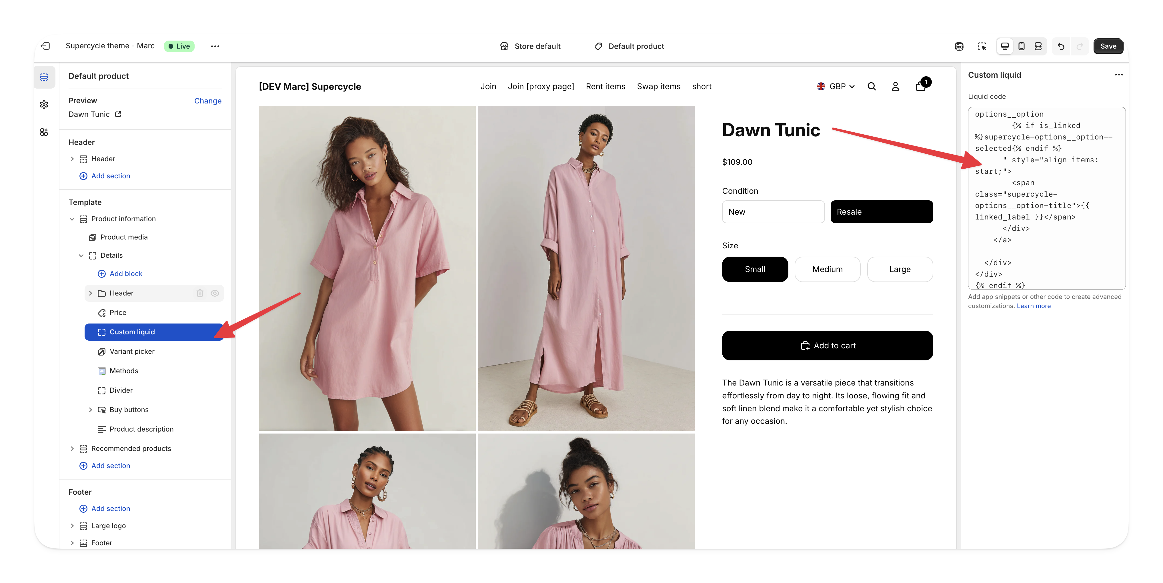 Shopify theme editor showing Custom Liquid block option