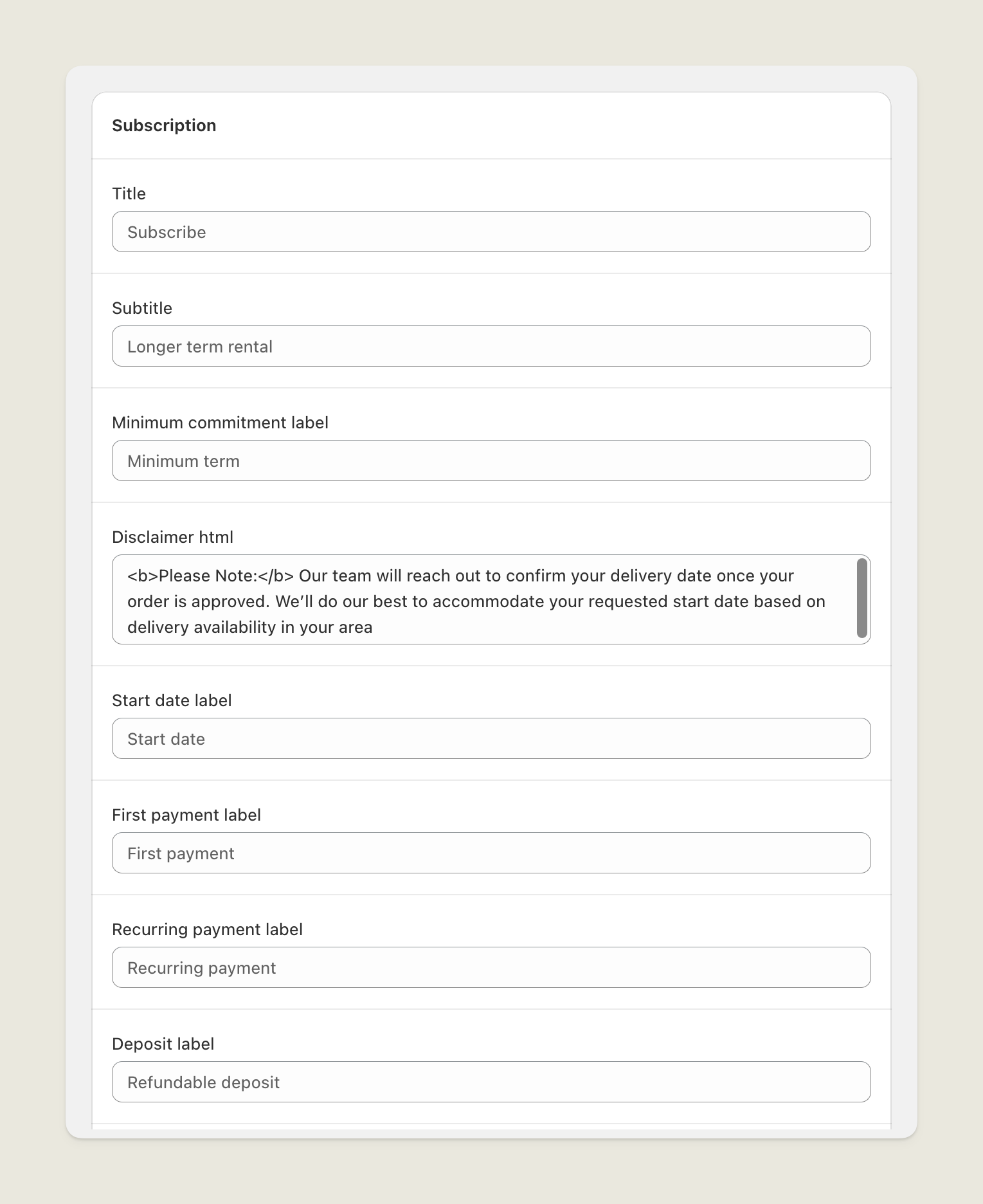 Admin view of disclaimer field in subscription method settings