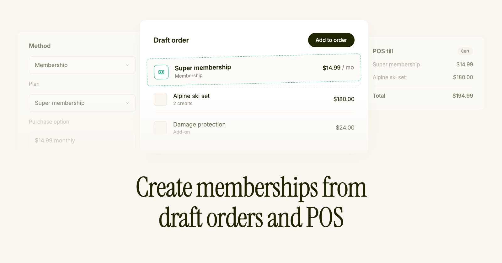 A draft order and POS till with a Super membership plan added alongside rental items