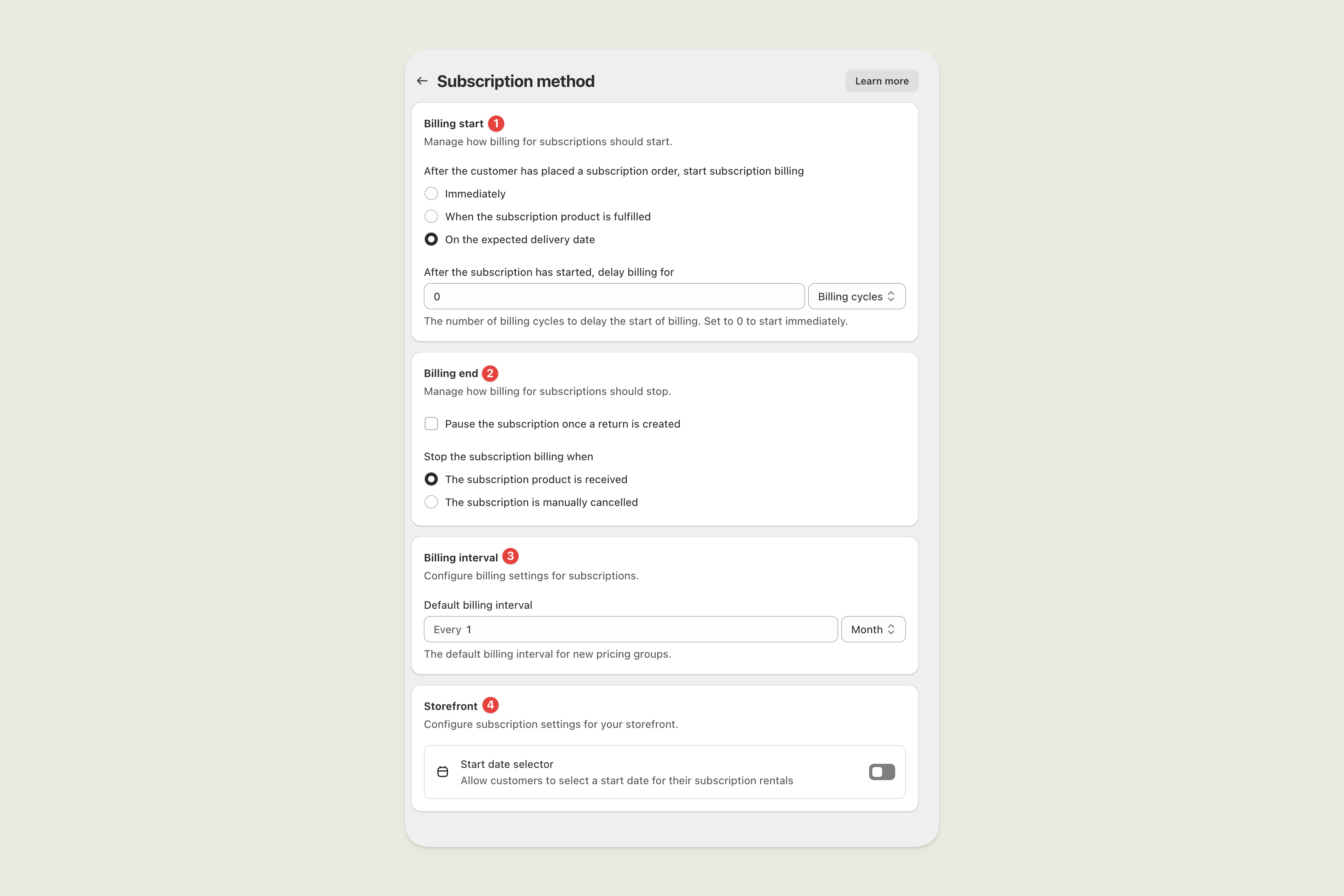 Subscription method settings in Supercycle with numbered red circles referencing each section