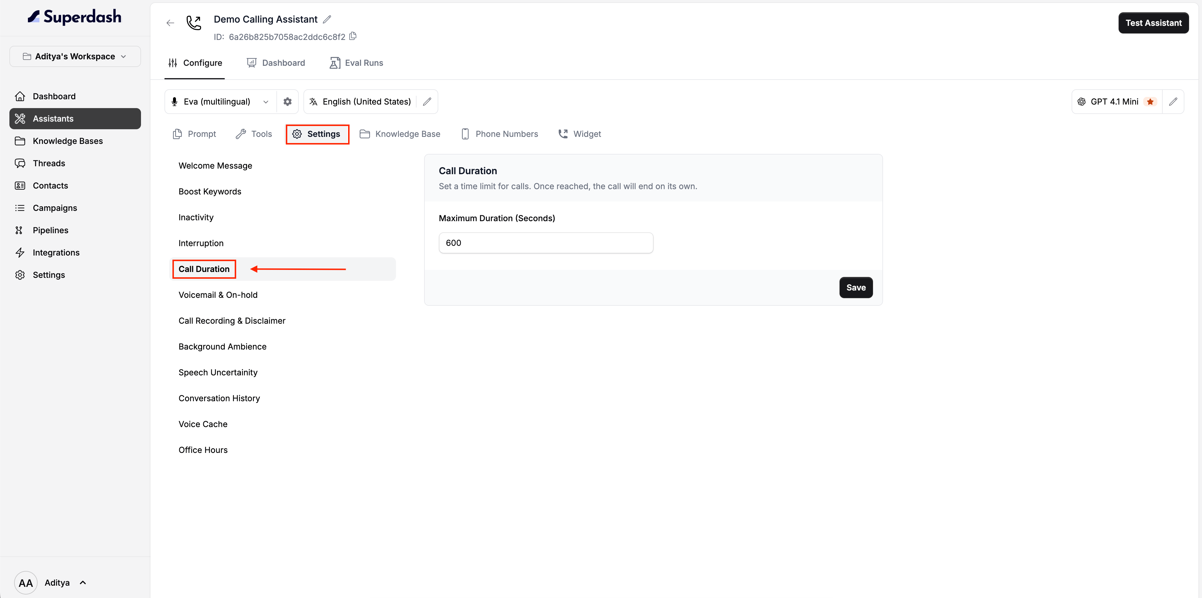 Catalyst Settings Call Duration