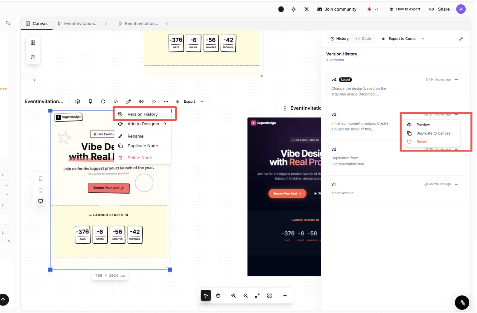 Version history sidebar
