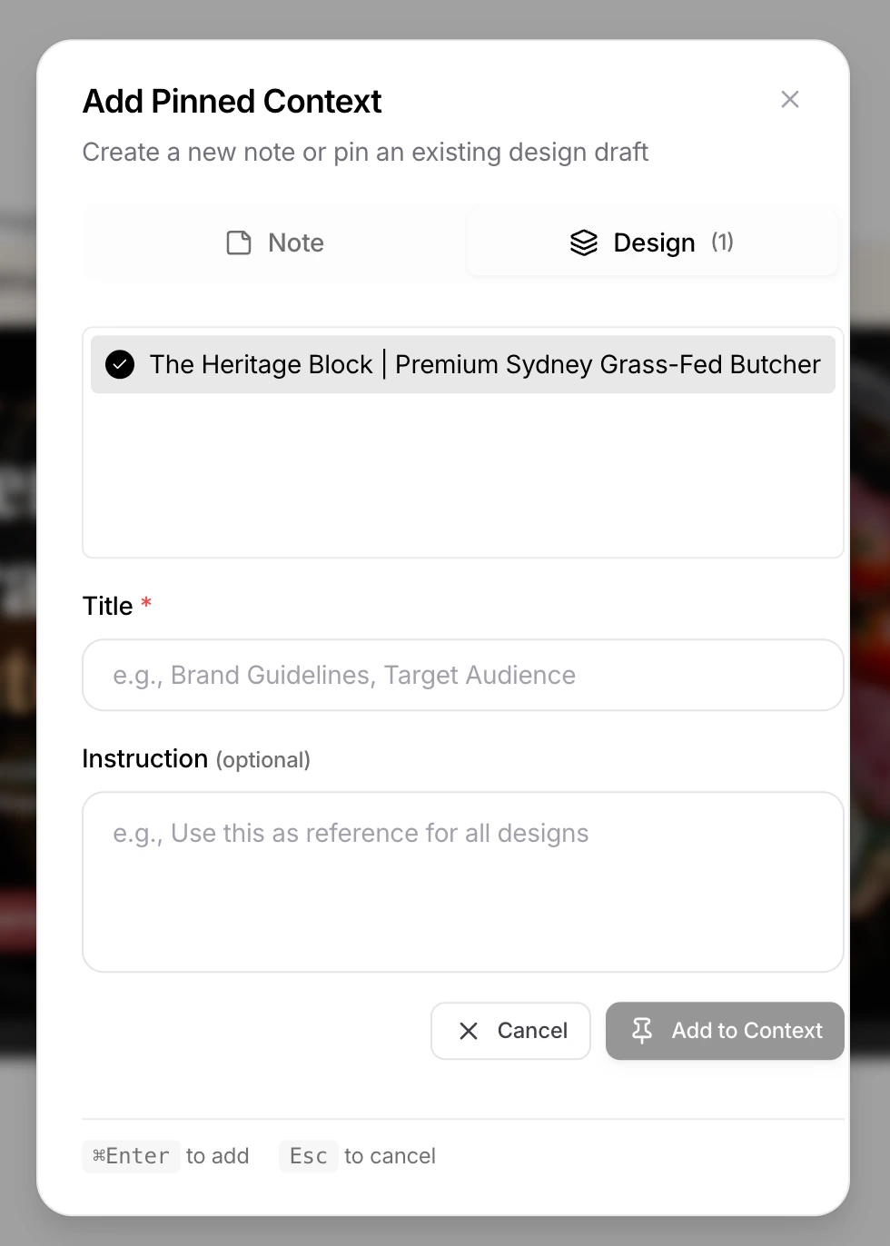 Pinning a design draft from the Pinned Context menu