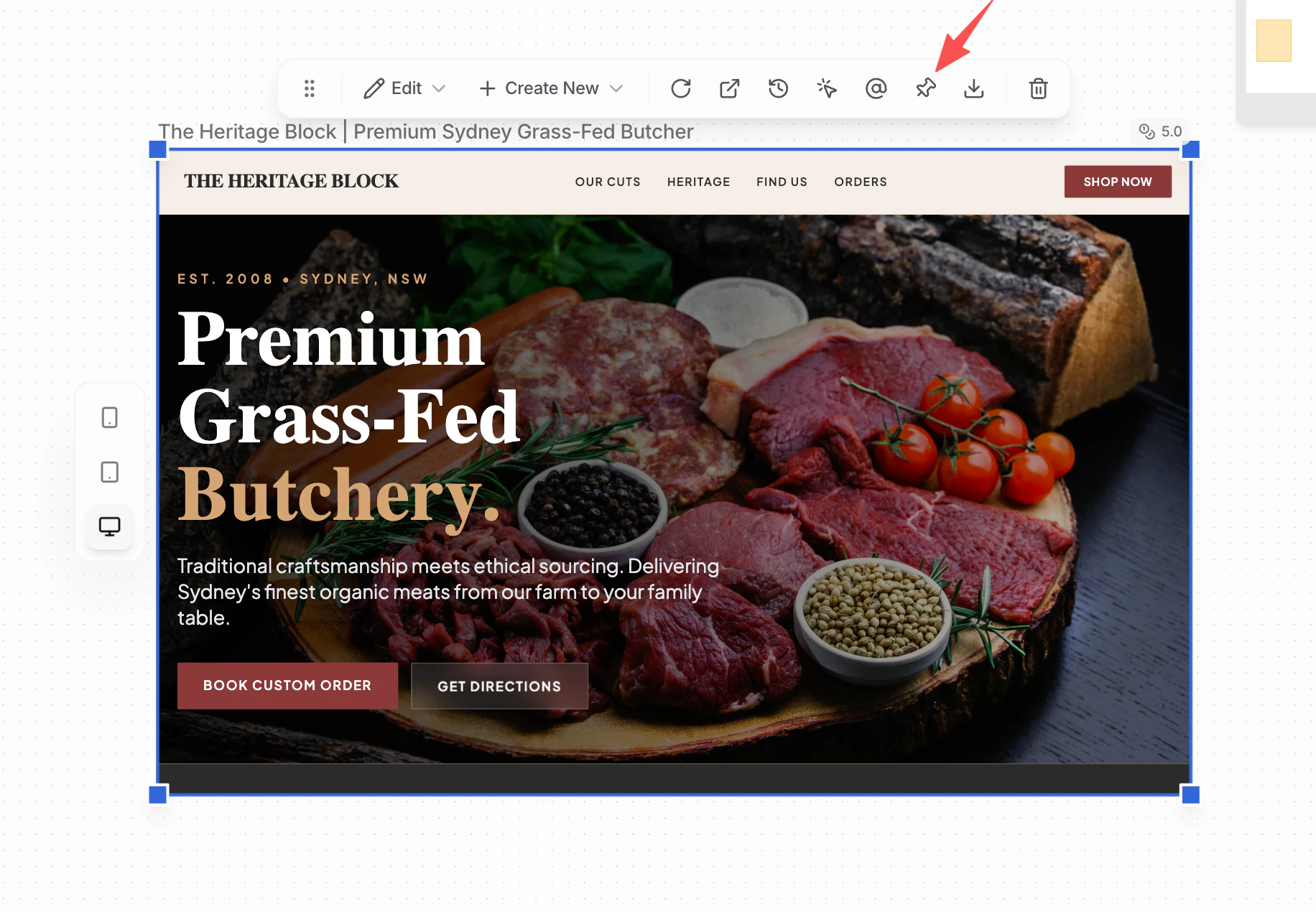 Pinning a design draft directly from the canvas
