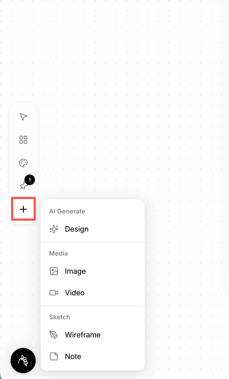 Add elements button on the canvas