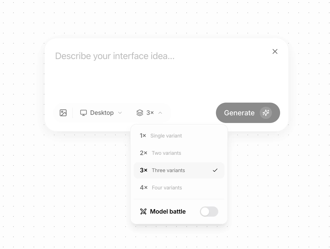 Design element options with device selection and Model Battle