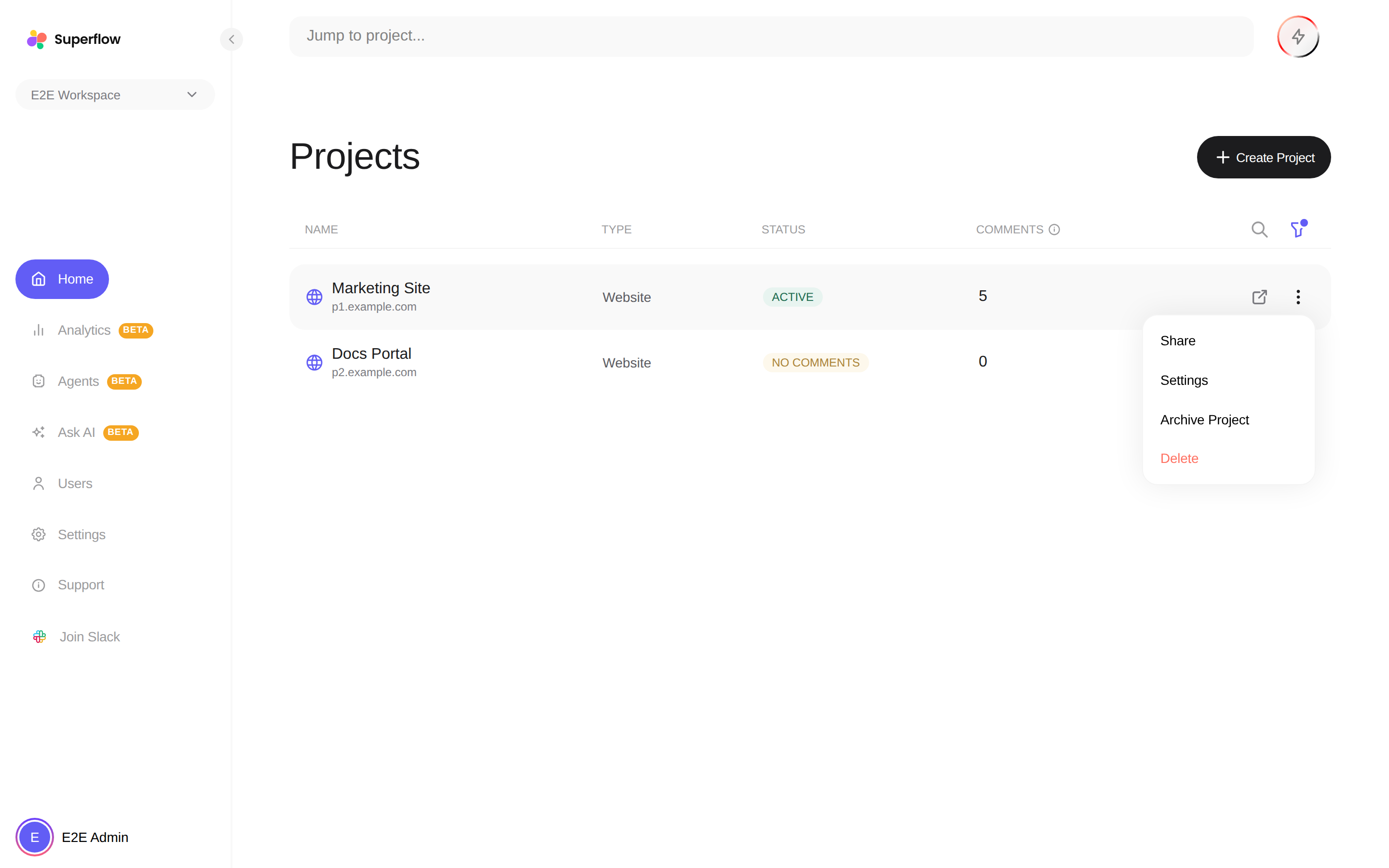 A project row's three-dot menu with the Settings option