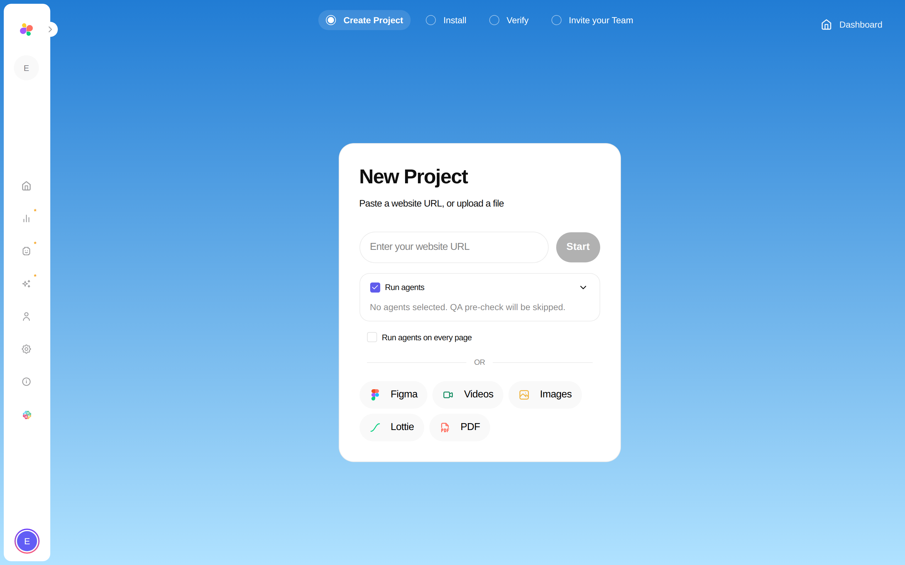 The New Project page with the website URL field, Run agents option, and file type buttons