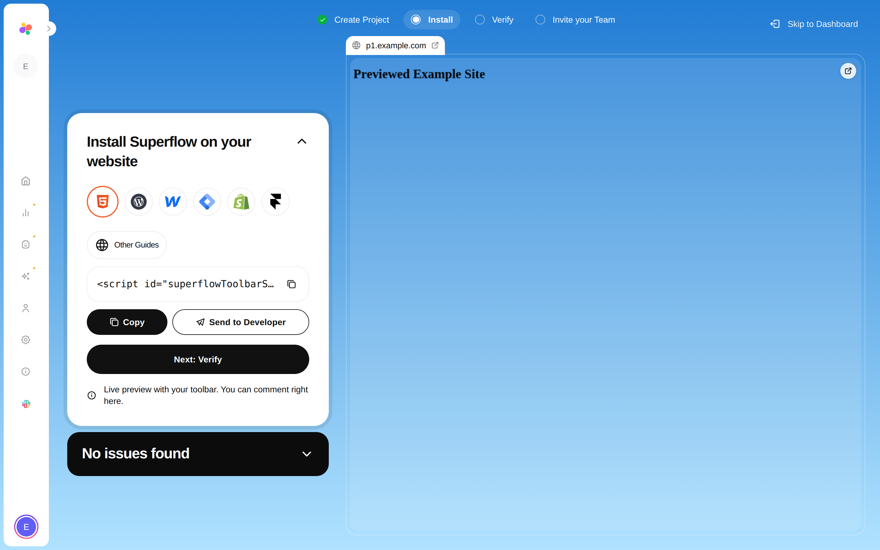 The Install step with platform options, the script snippet, and a live preview of the site