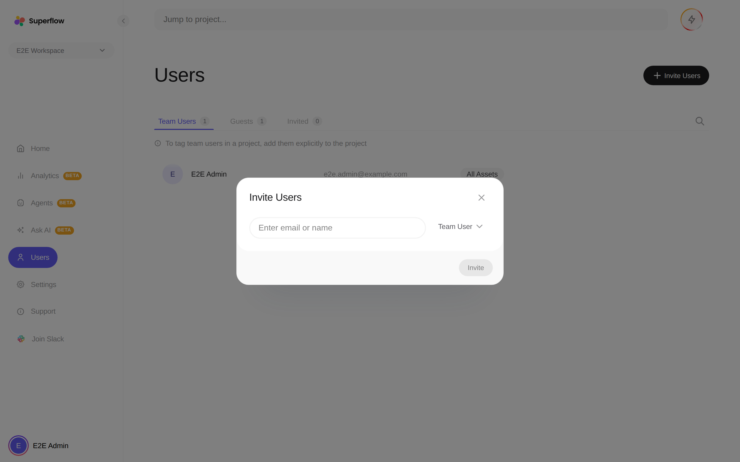 The Invite Users dialog with Team User selected