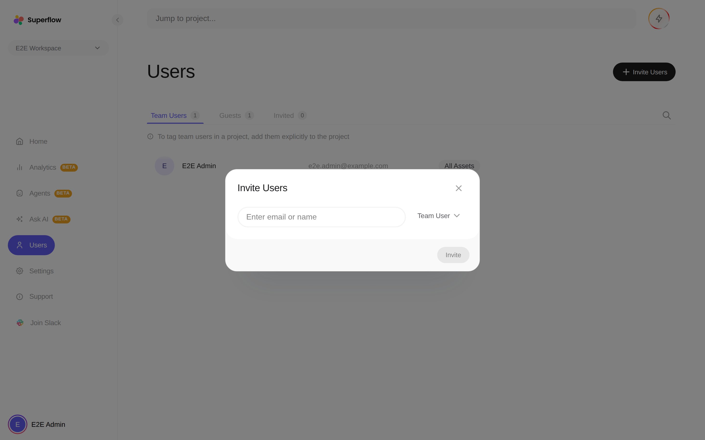 The Invite Users dialog with Team User selected