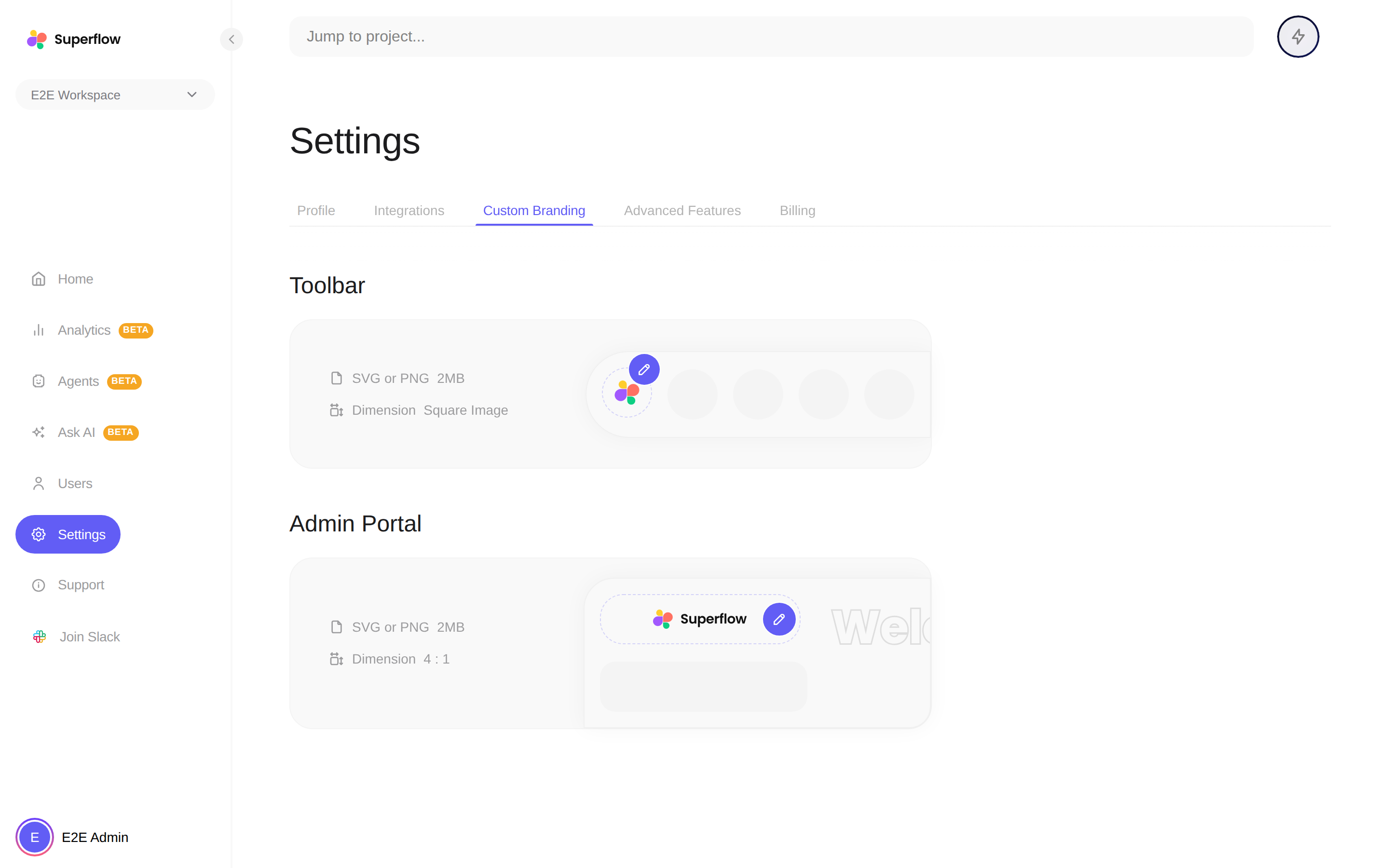 The Custom Branding tab with the Toolbar and Admin Portal upload targets