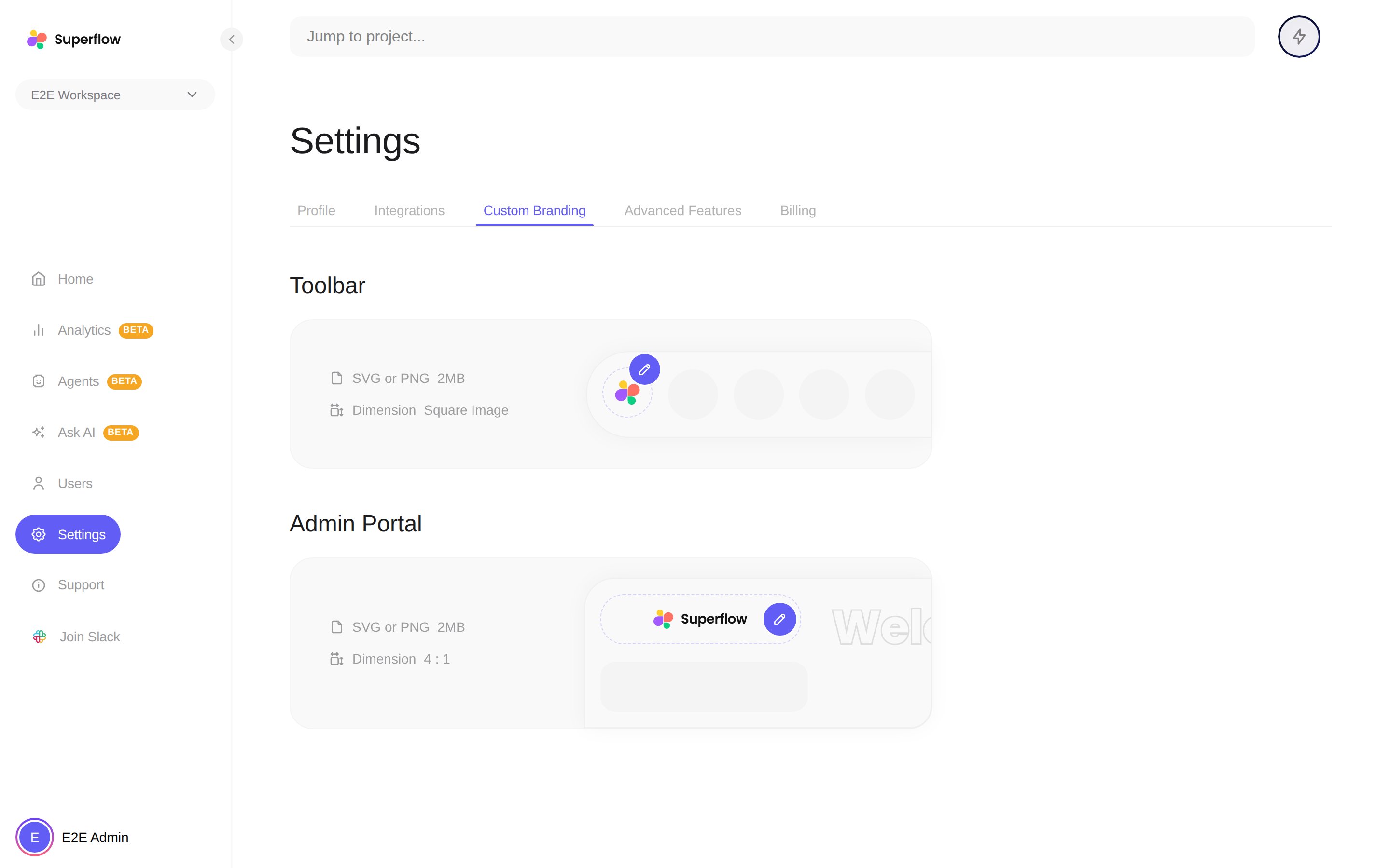 The Custom Branding tab with the Toolbar and Admin Portal upload targets