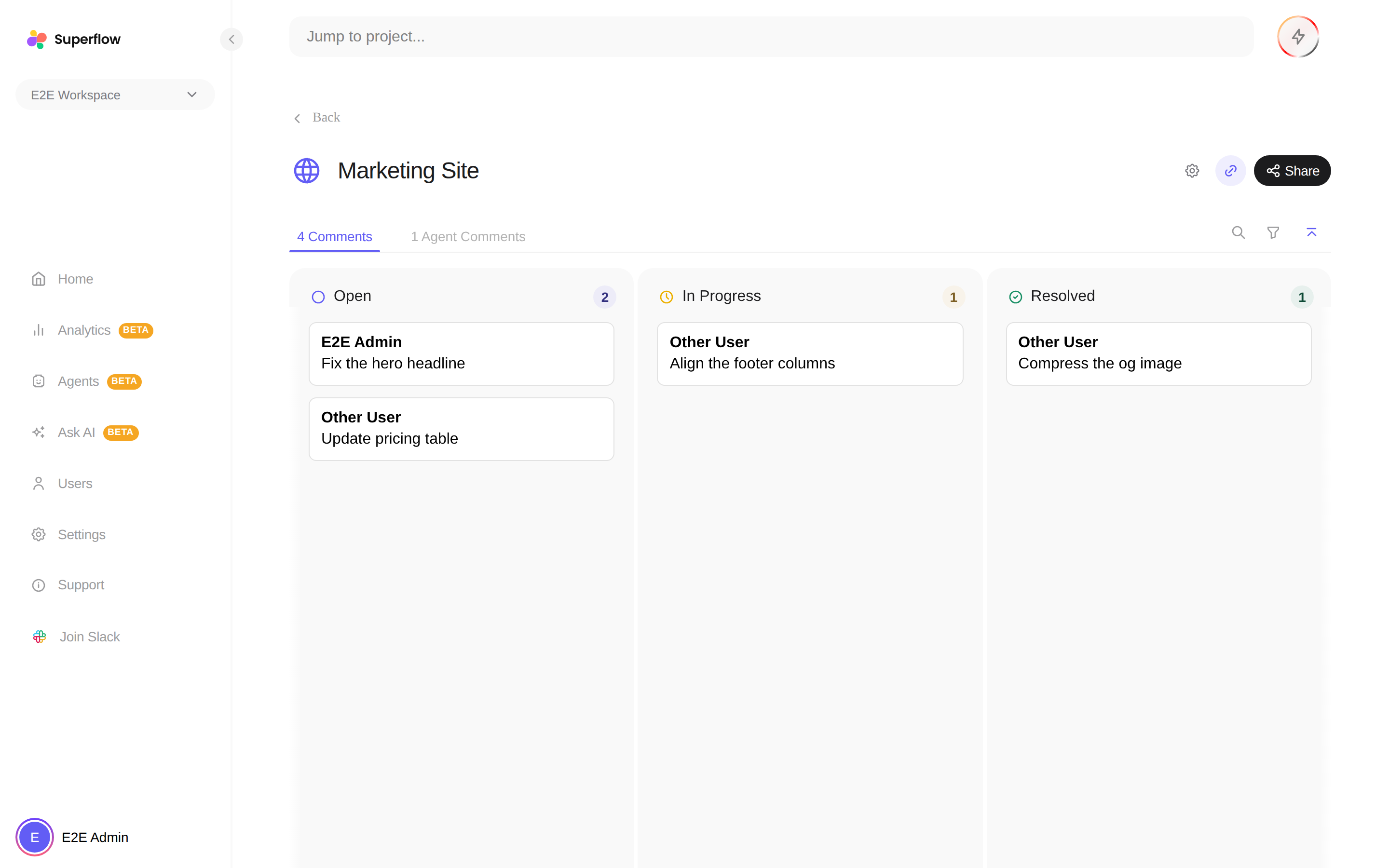The project board showing all comments grouped by status