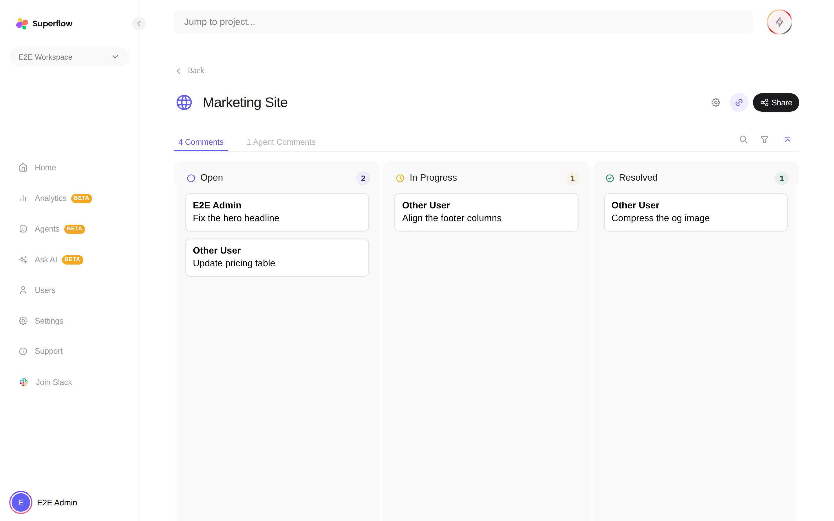The project board showing all comments grouped by status