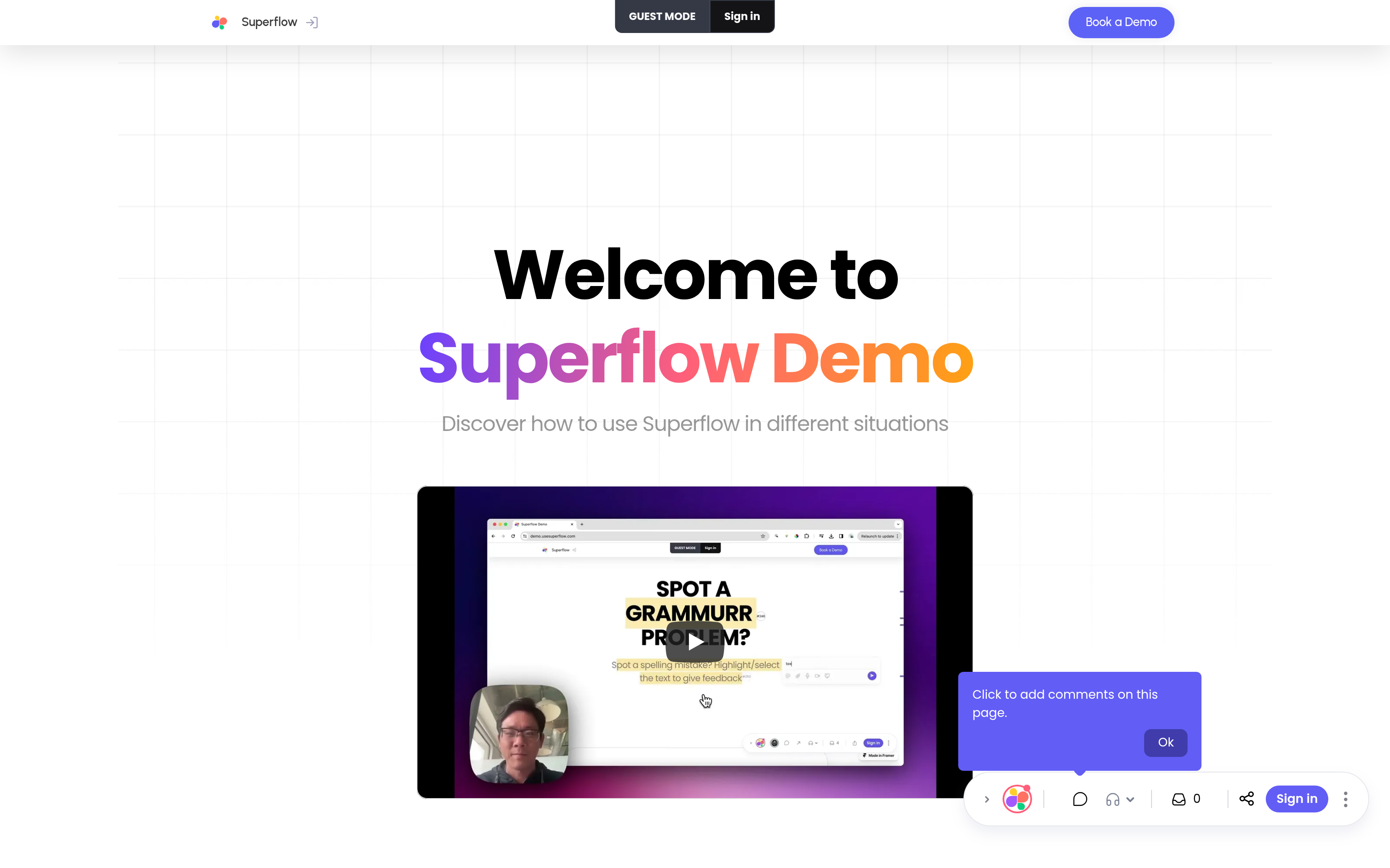 A site in review mode with the Superflow toolbar in the bottom right