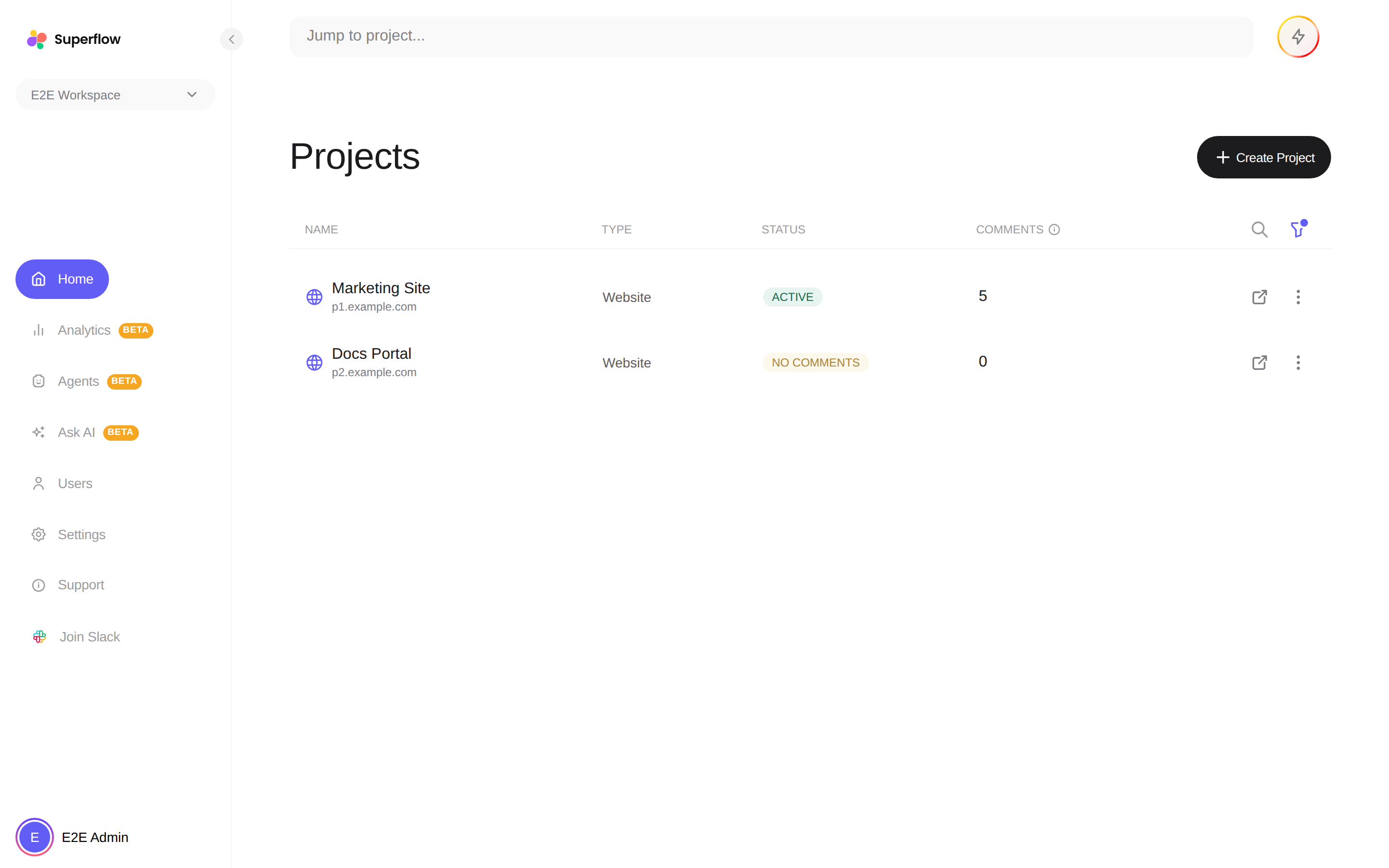 The Superflow Dashboard's Home page with the project list