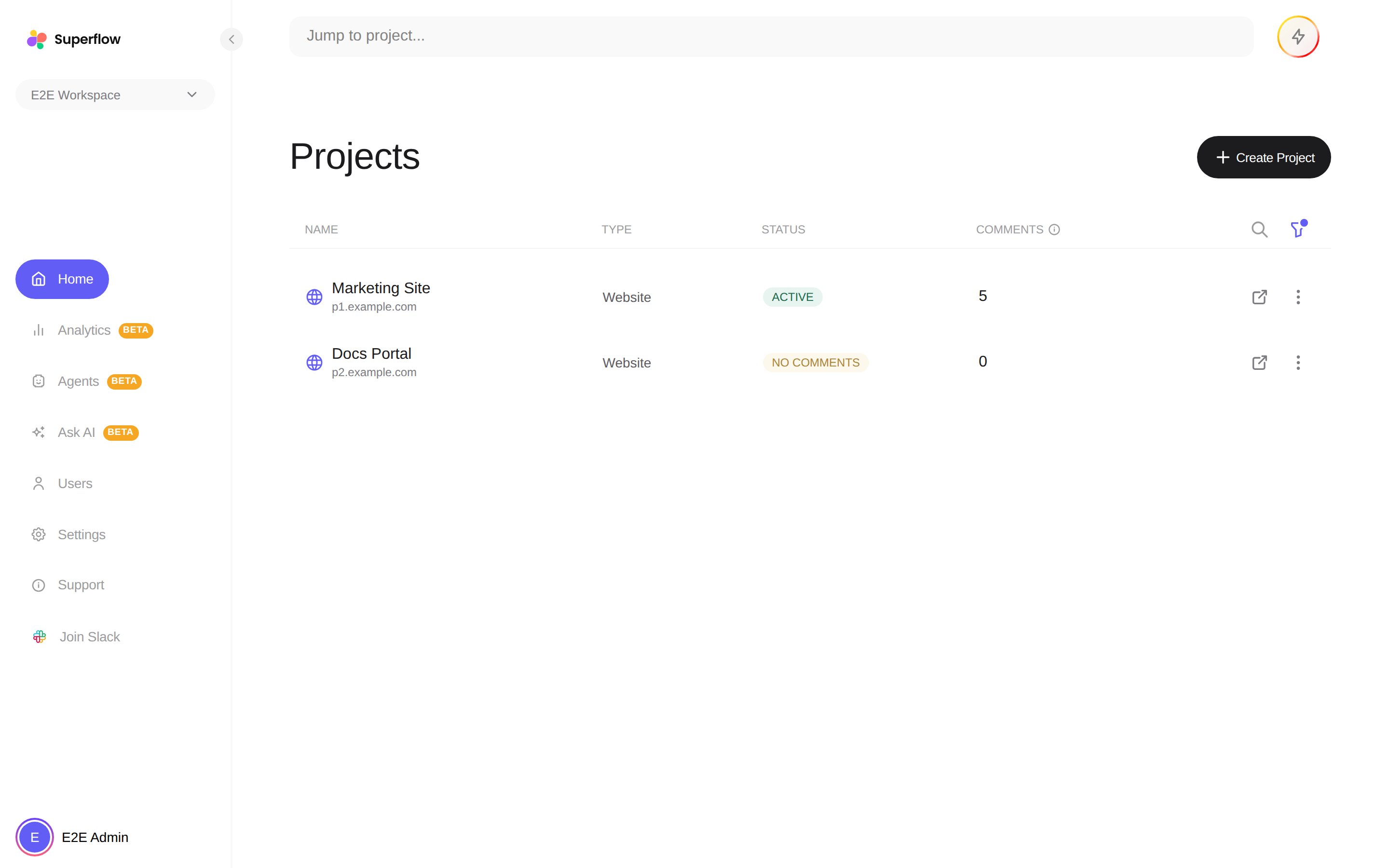 The Superflow Dashboard's Home page with the project list