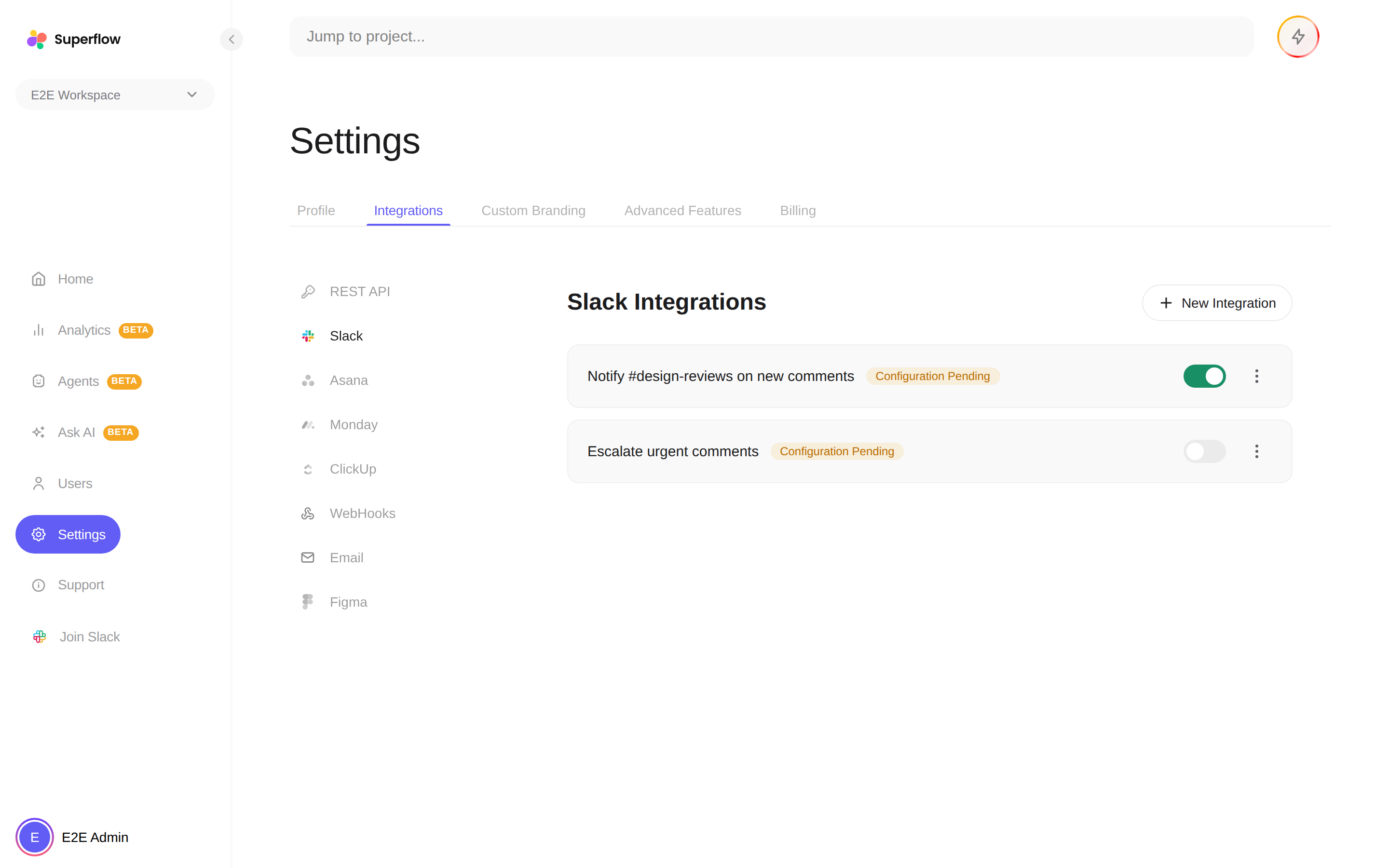 The Slack integration page listing workflows with their status toggles