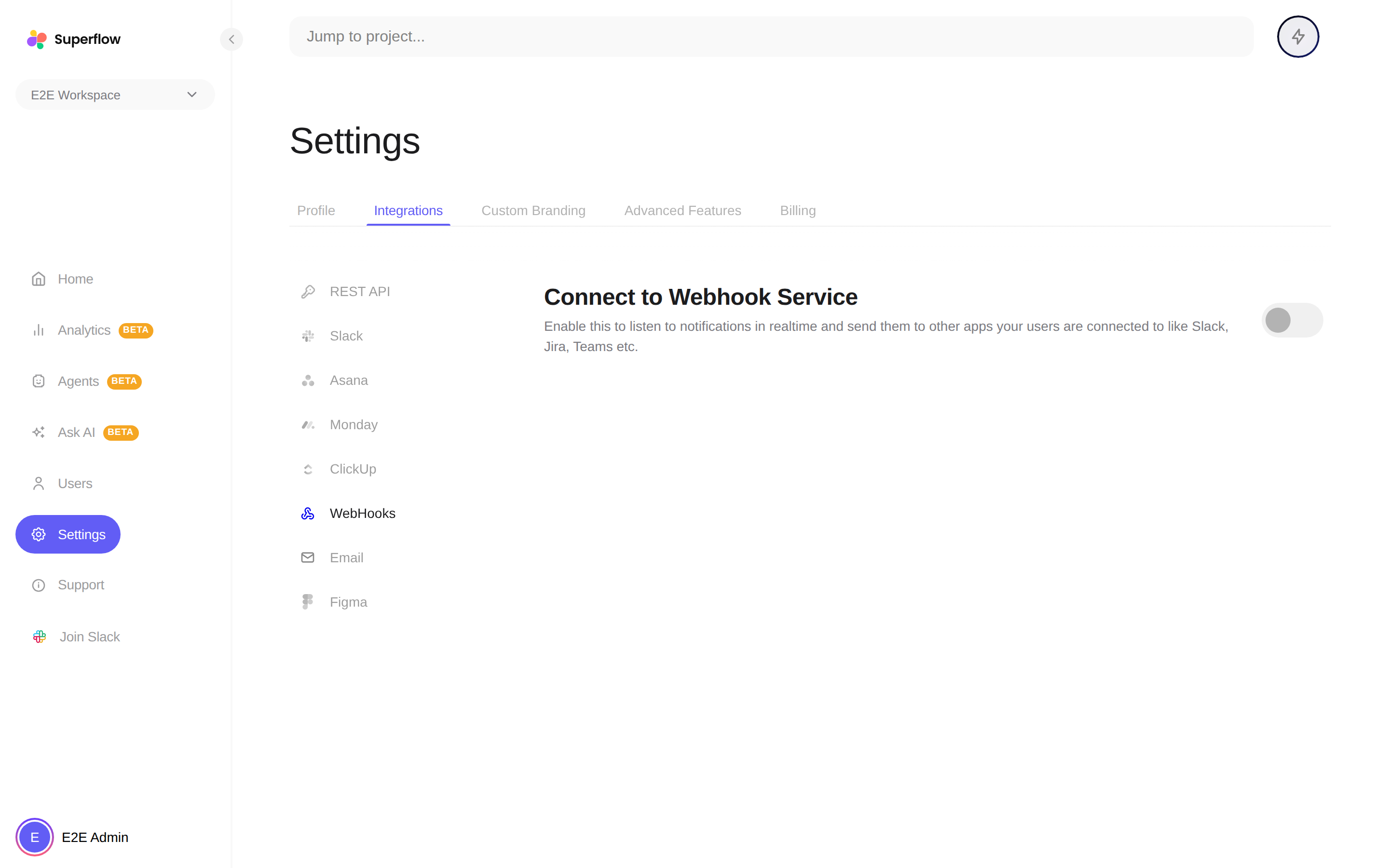 The WebHooks integration page with the Connect to Webhook Service toggle