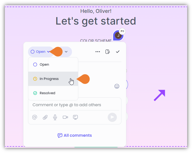 The Comment Box will appear, click the Status menu to select the appropriate status