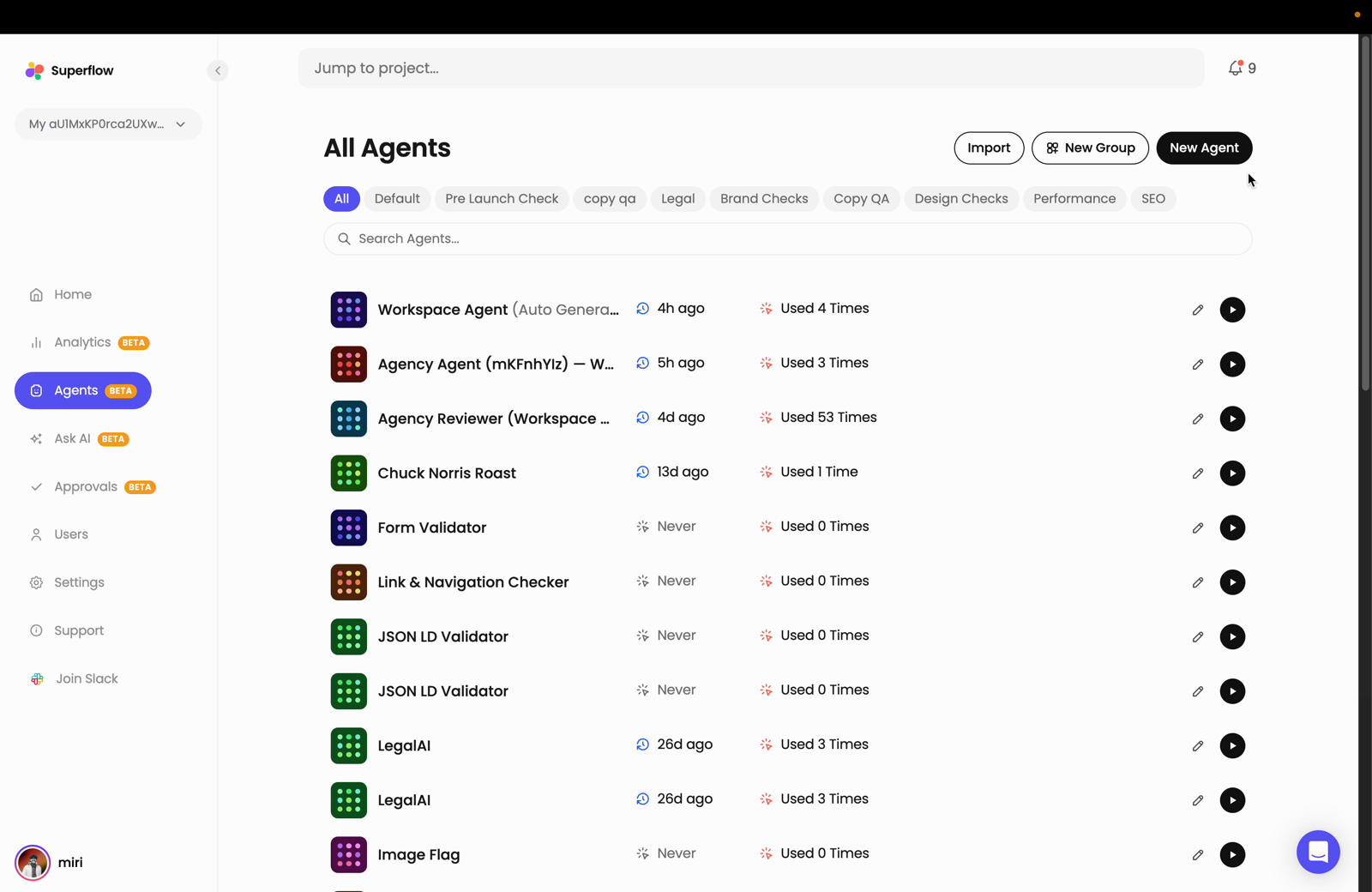 On the Superflow Dashboard, click Agents in the left sidebar
