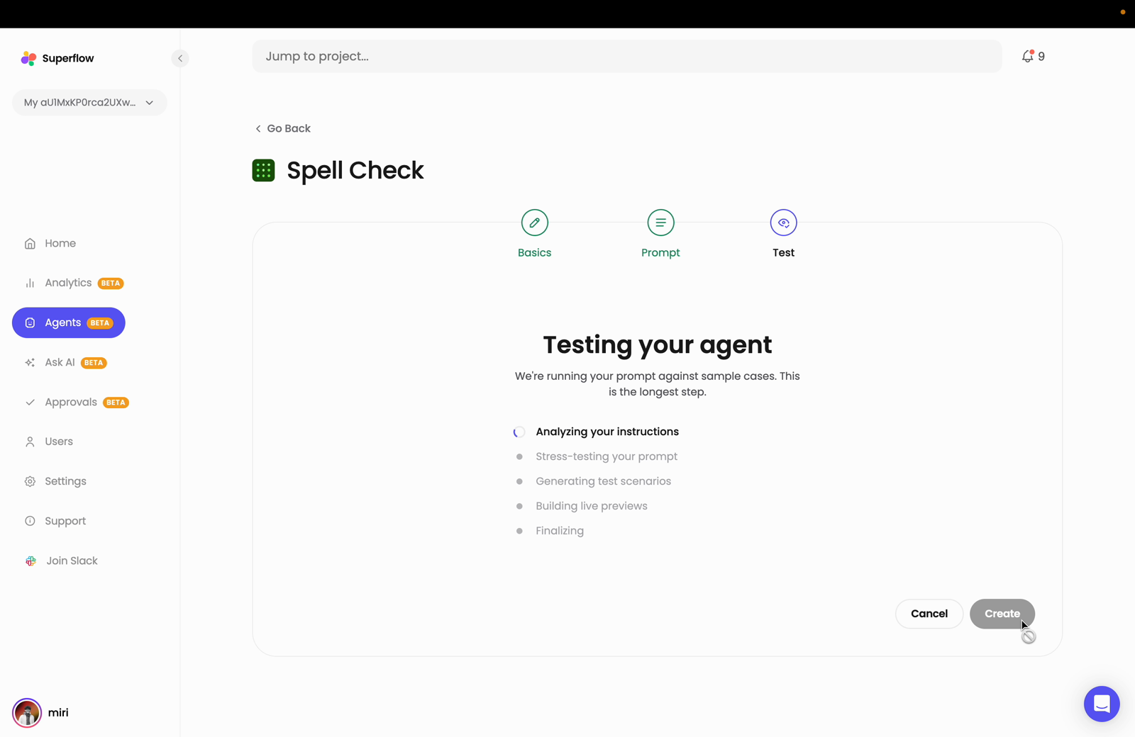 The Test step will begin automatically