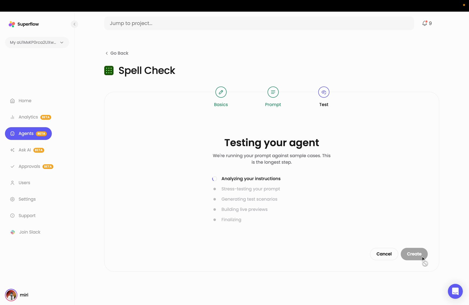 The Test step will begin automatically