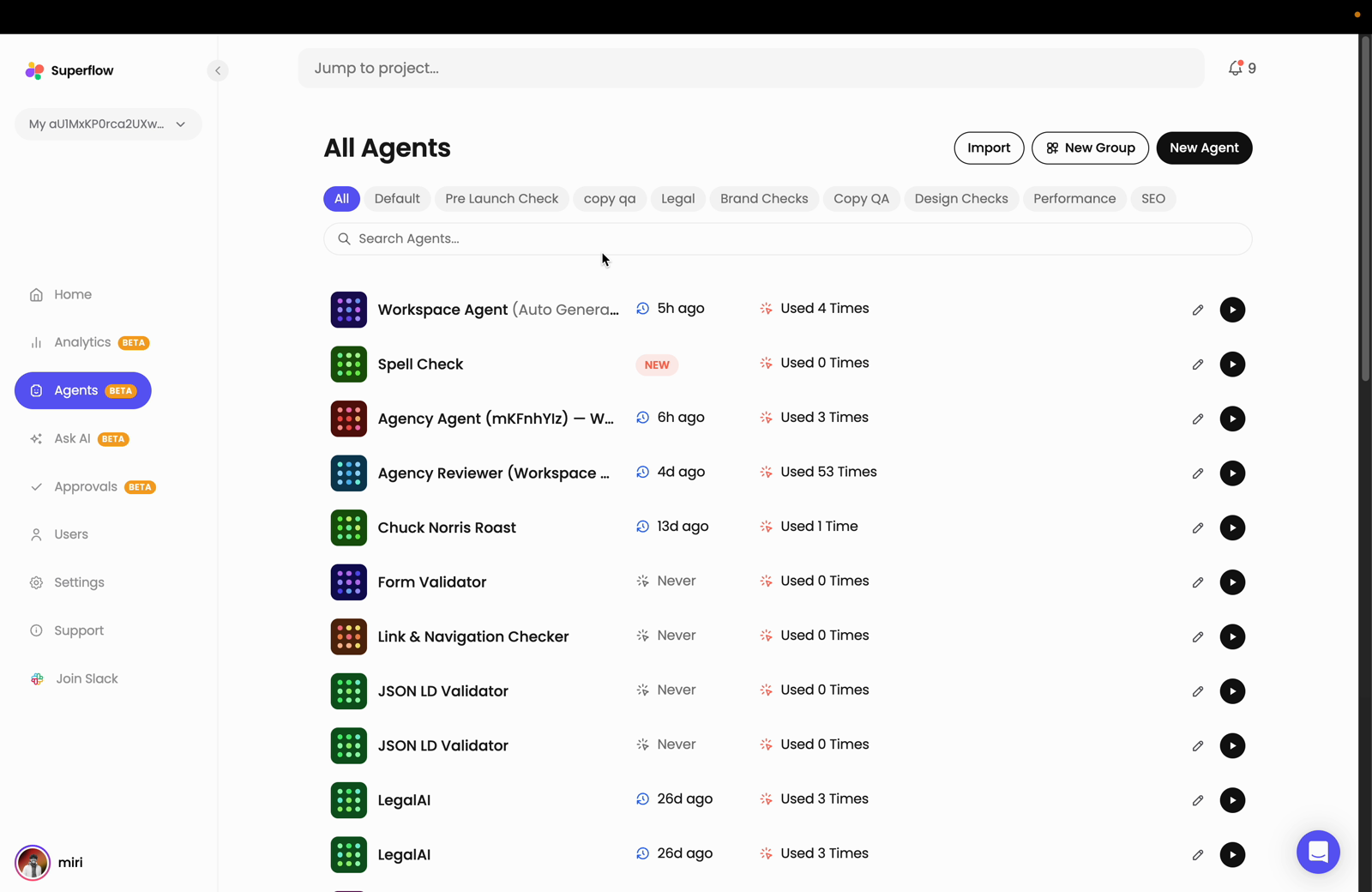 On the Superflow Dashboard, click Agents in the left sidebar to open the All Agents page