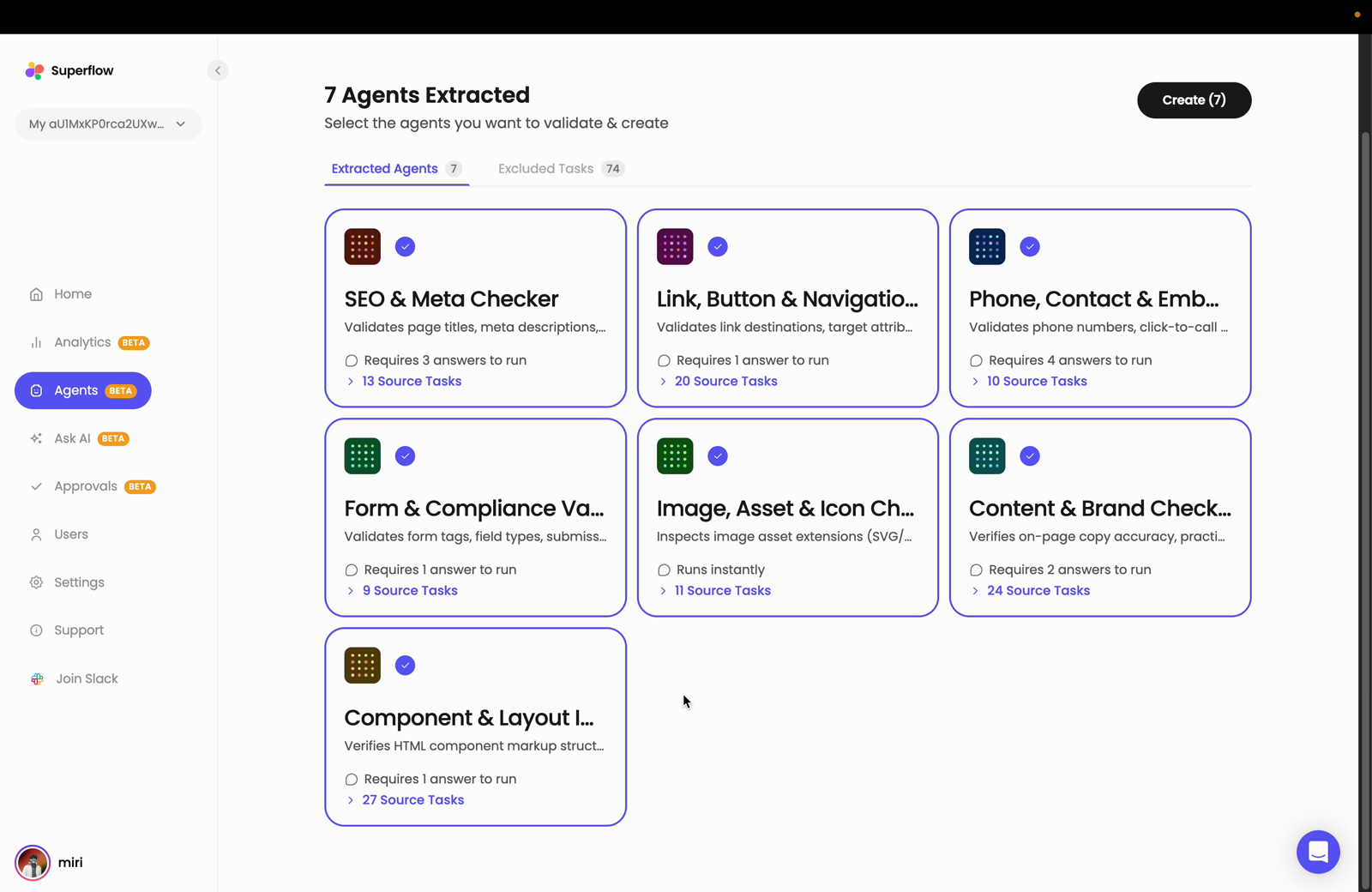 When the analysis finishes, Superflow shows how many agents it extracted along with the tasks…
