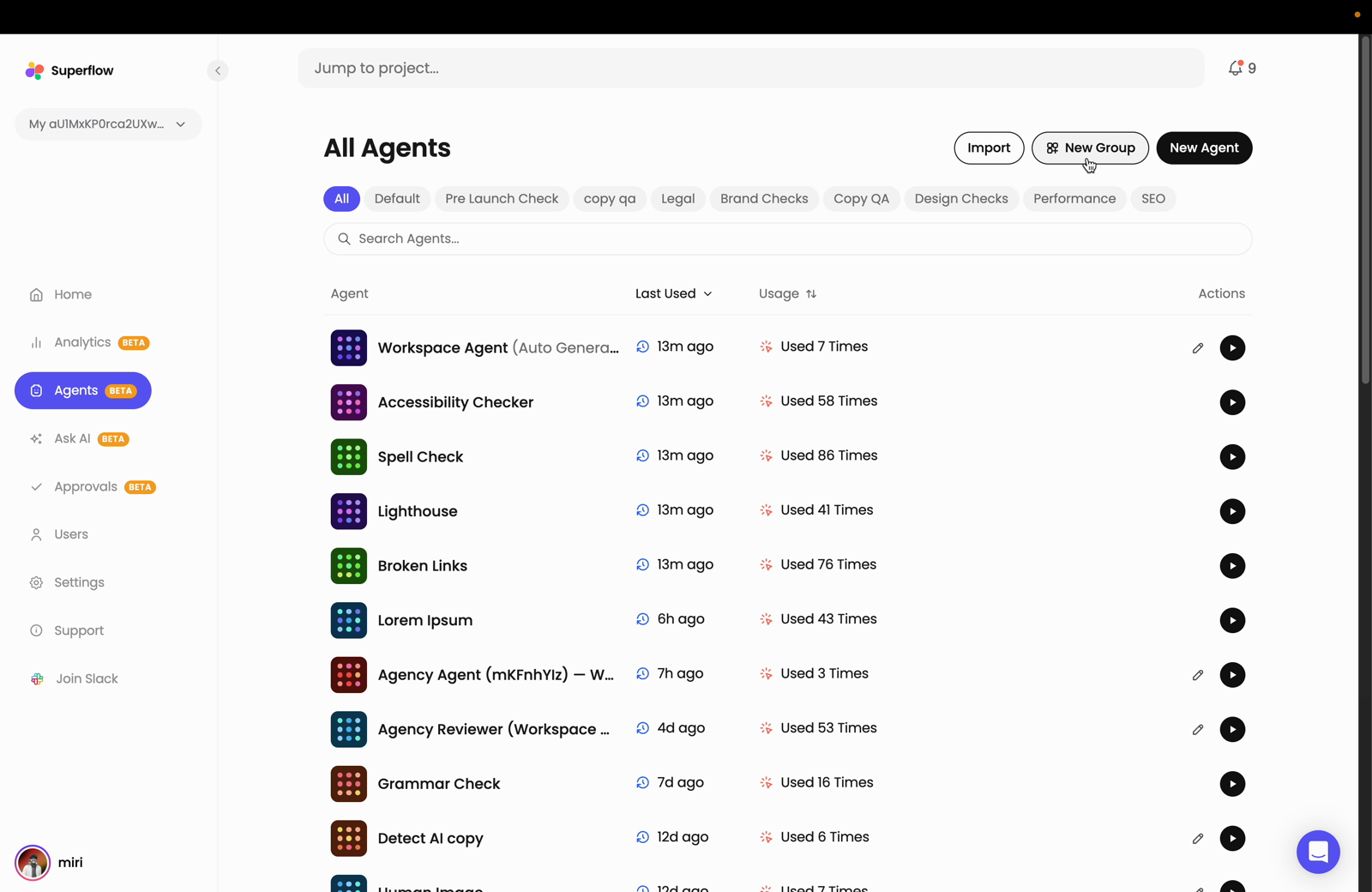 On the Superflow Dashboard, click Agents in the left sidebar to open the All Agents page