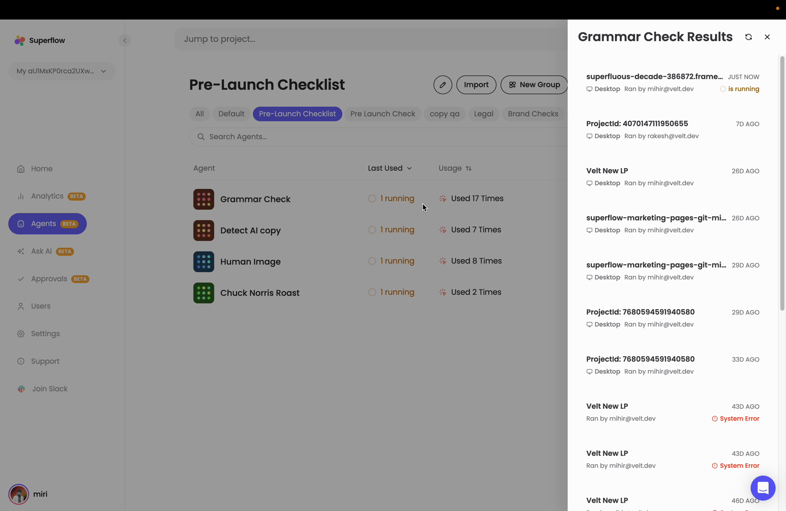 Every agent in the group starts at once, and each row shows a running status while it works