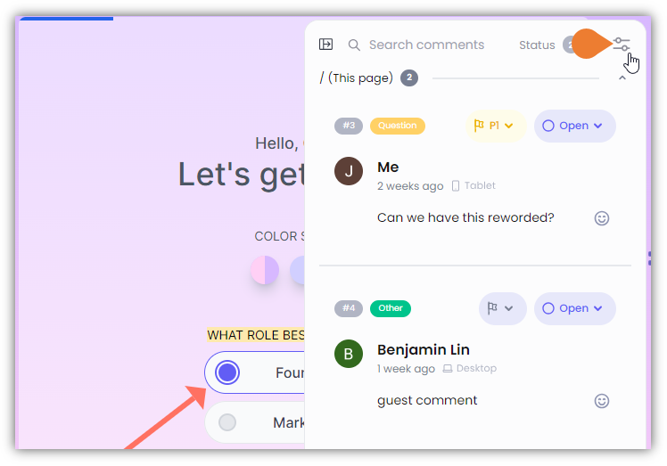 The Comments Sidebar opens, click the Filter icon to expand the filter options
