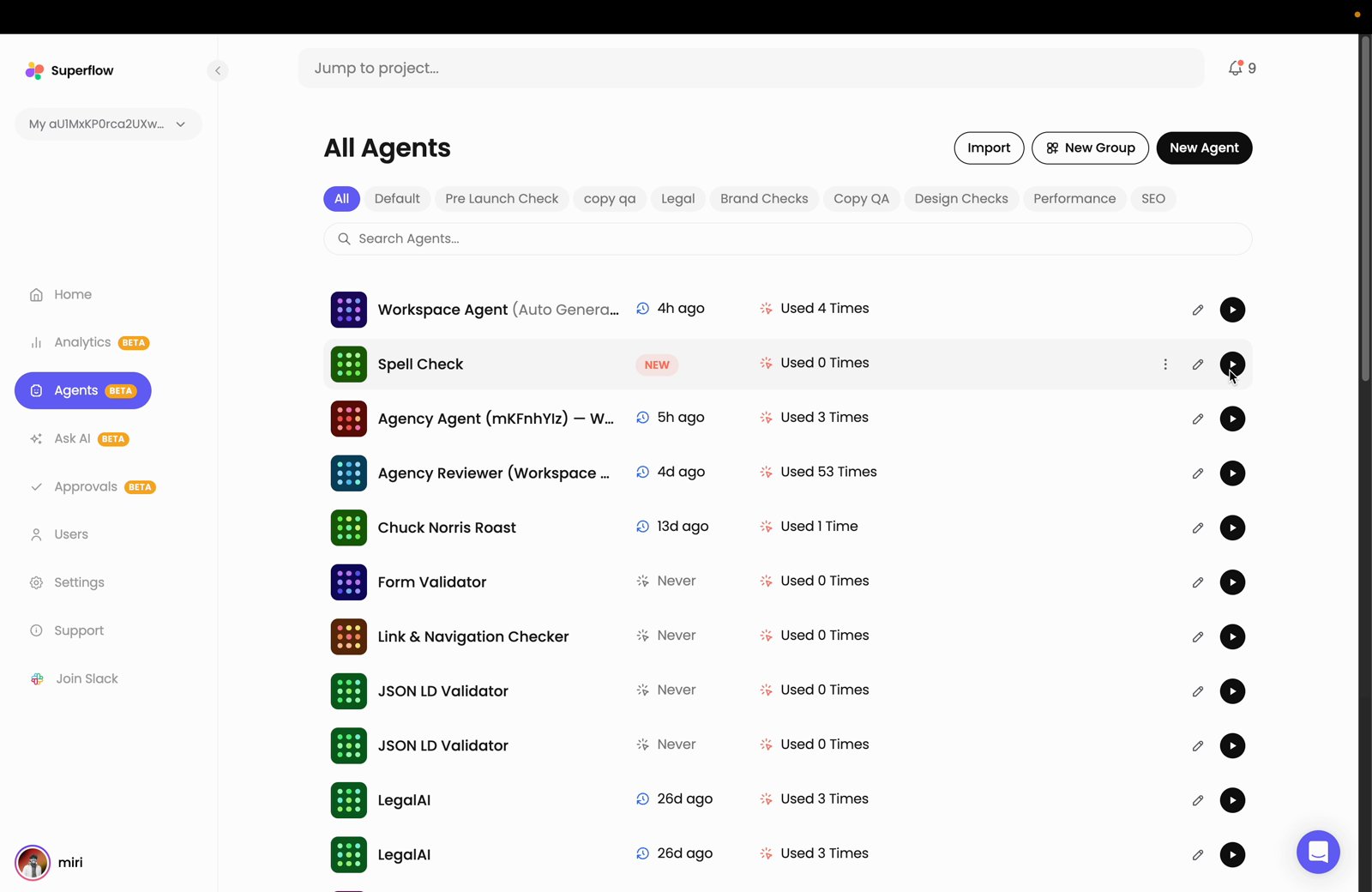 On the Superflow Dashboard, click Agents in the left sidebar to open the All Agents page