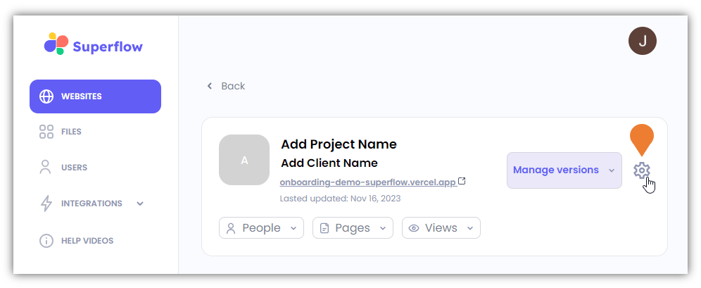 You will be directed to the Project Dashboard page, find and click the Settings icon