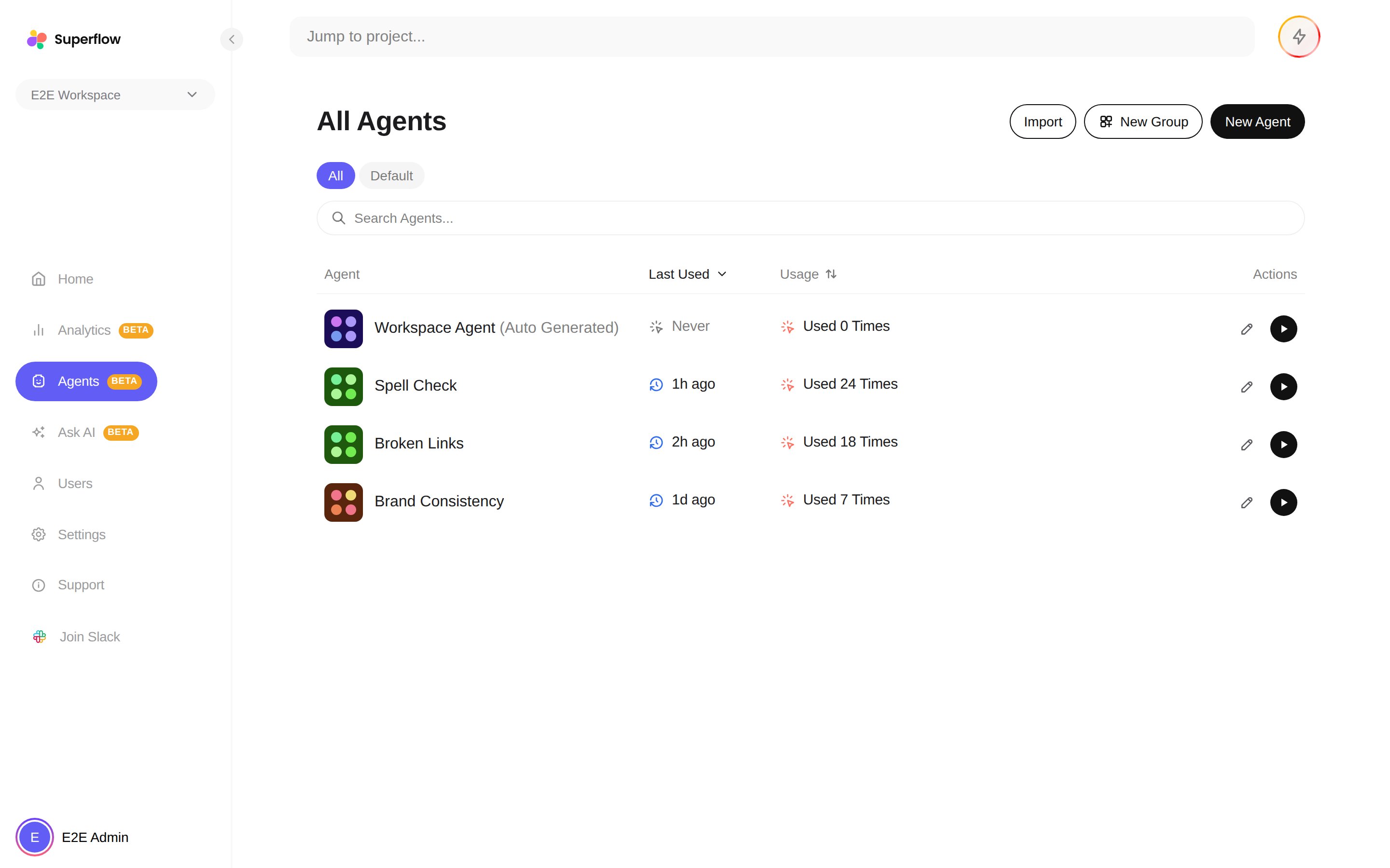 The All Agents page with the Workspace Agent pinned at the top of the list