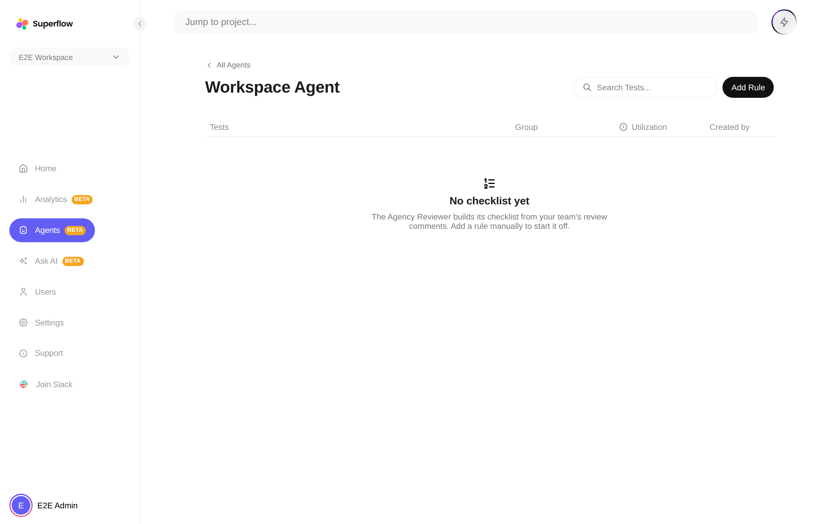 The Workspace Agent checklist page with the Add Rule button