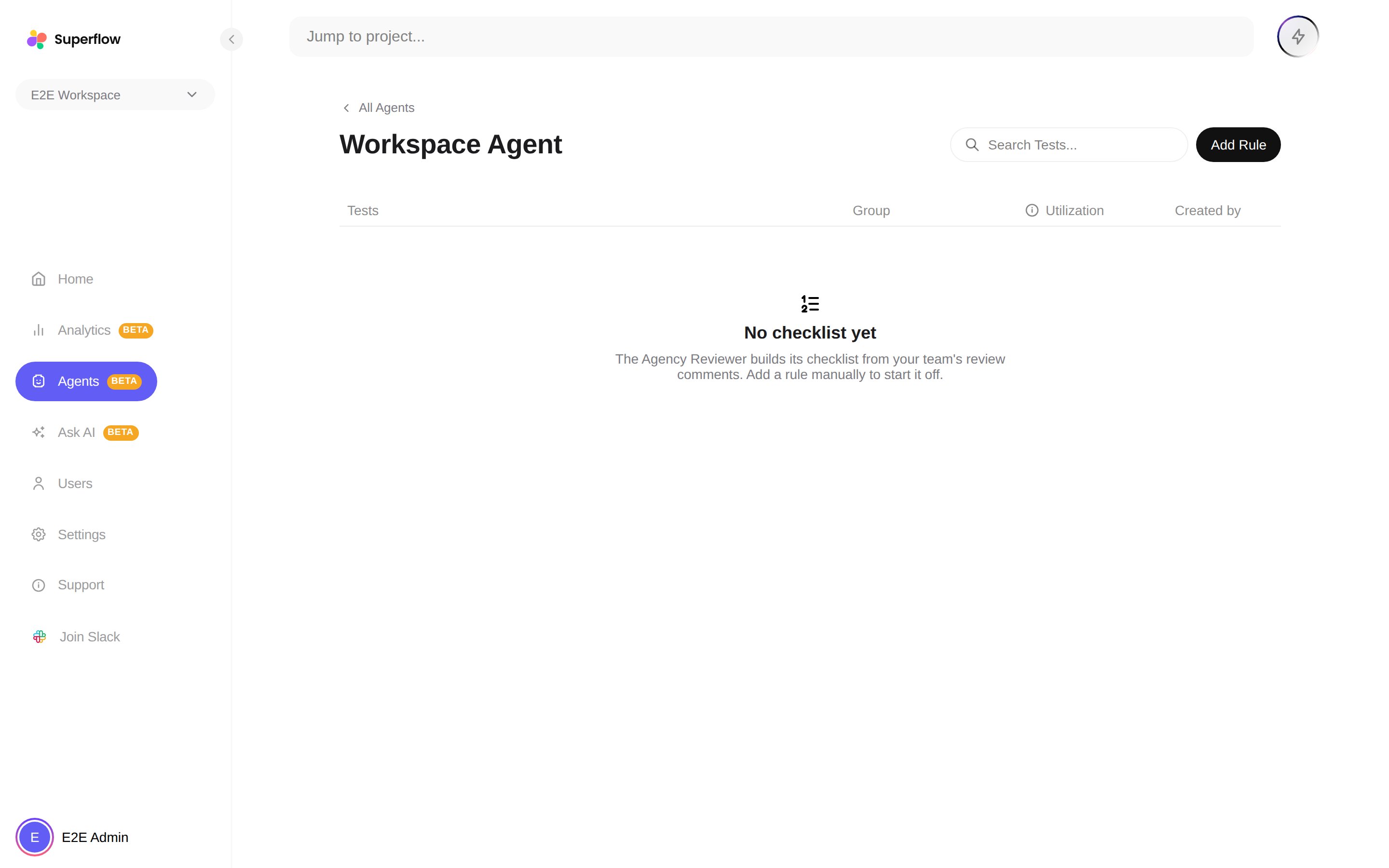 The Workspace Agent checklist page with the Add Rule button