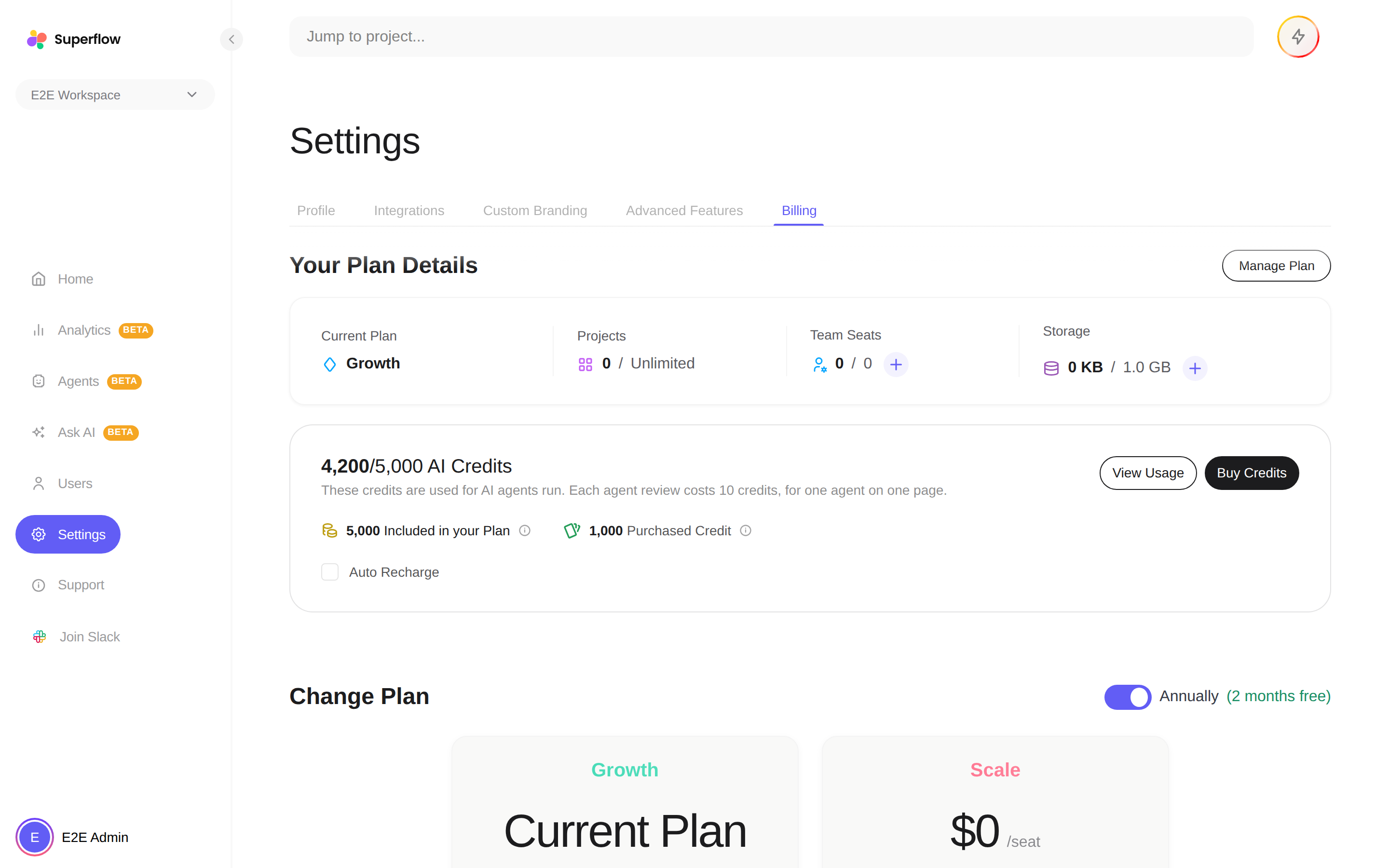 The AI Credits card on the Billing page, showing the balance, View Usage and Buy Credits