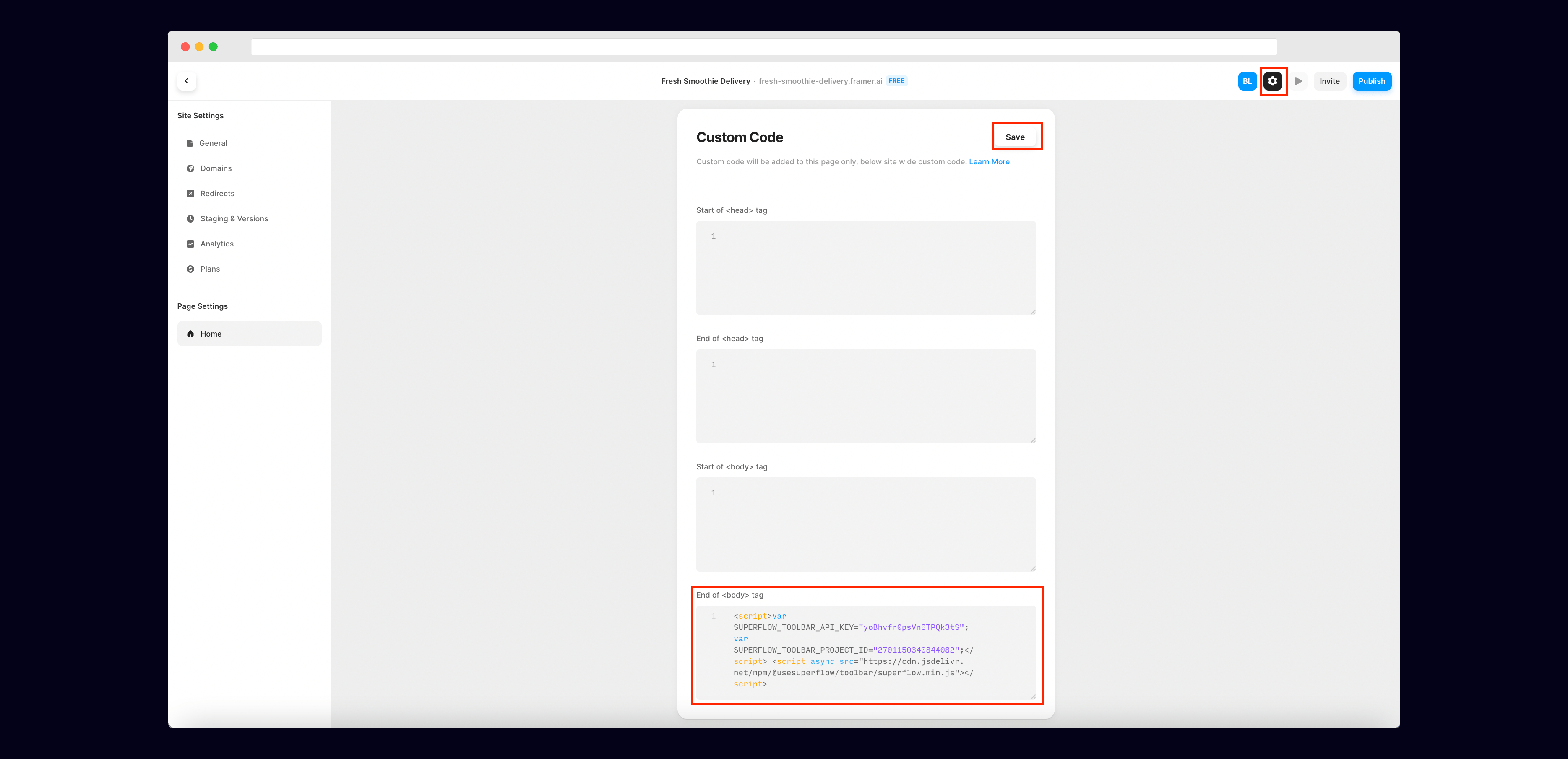 Framer: Go to Settings on your Framer site, then scroll down to Custom Code to add your unique…