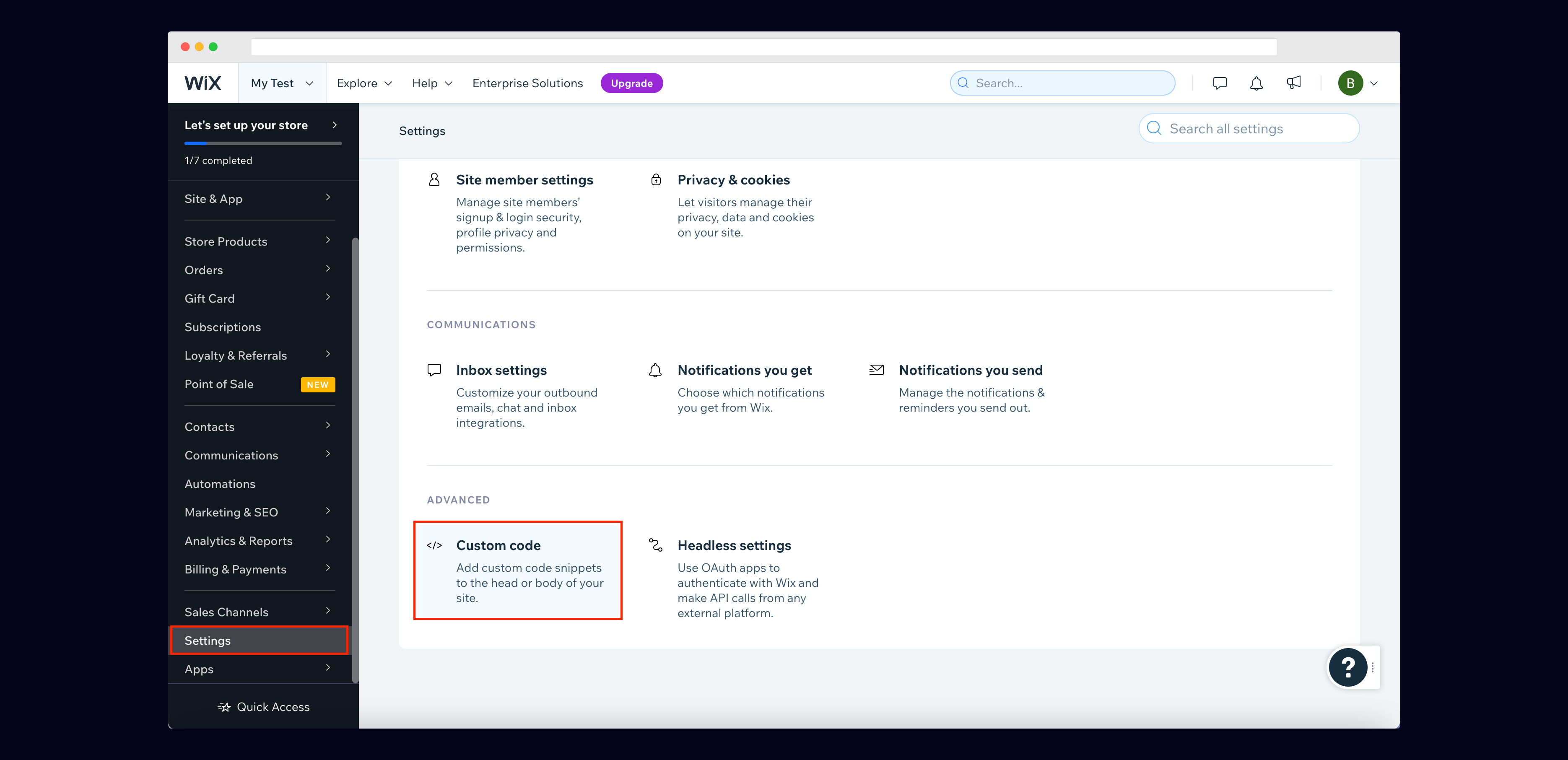 Wix: Go to Settings on your Wix Site and then click Custom Code