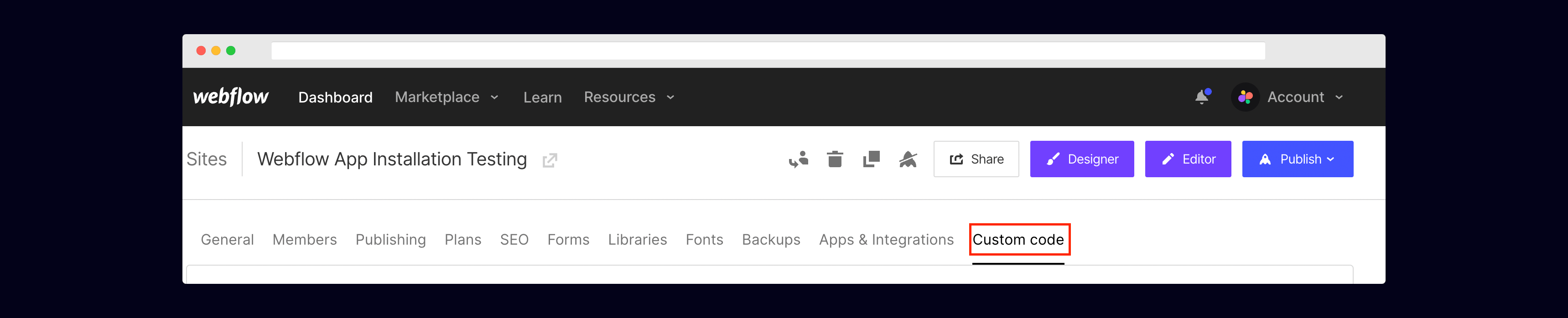 Webflow: Go to Custom Code