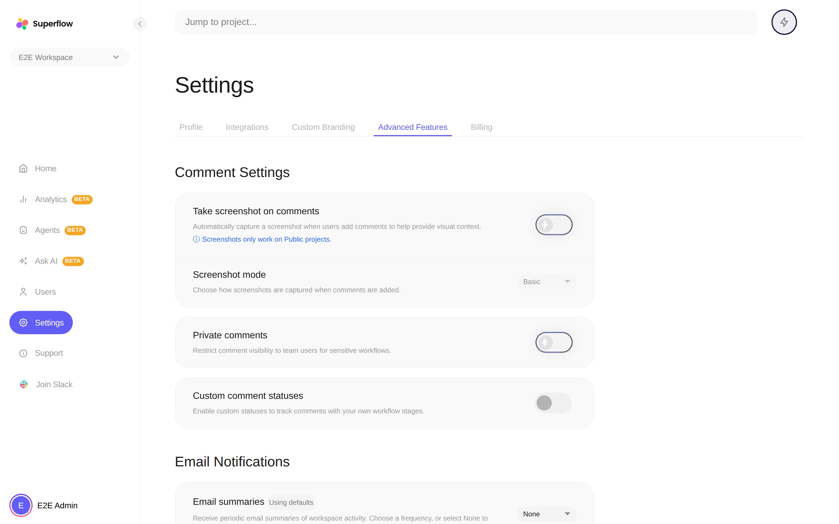 The Advanced Features tab with the Email Notifications section at the bottom