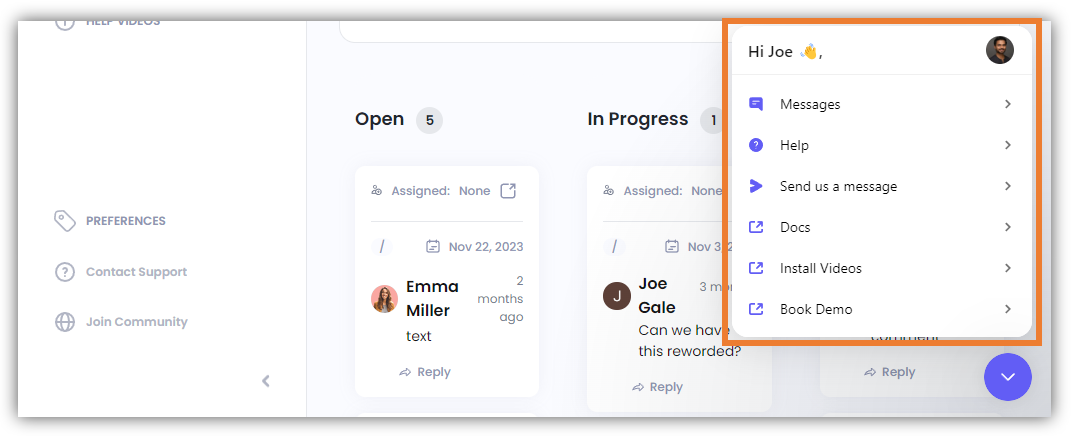 The Support window will expand