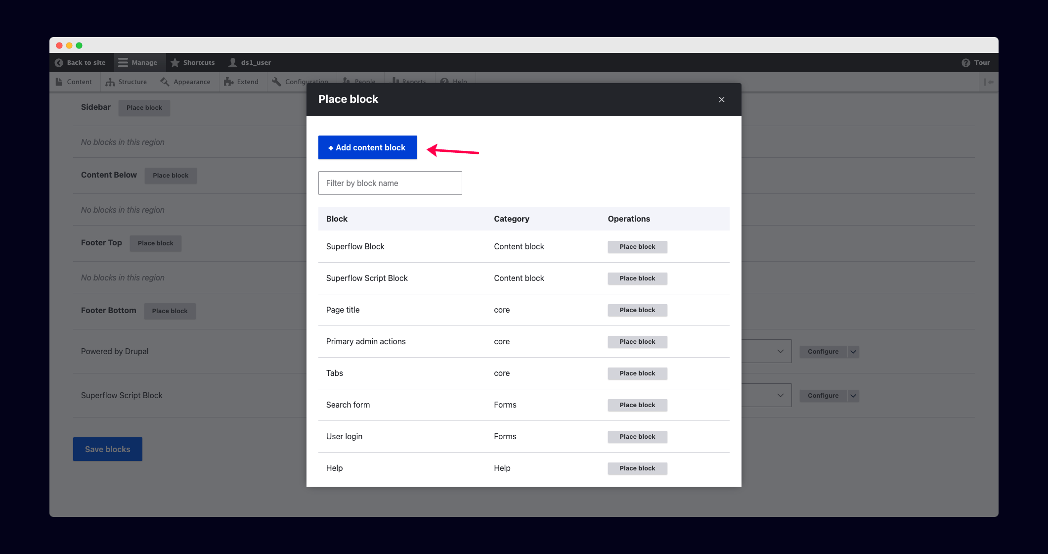 Drupal: Go to your Drupal Admin Panel and configure the page structure to add your Superflow code…