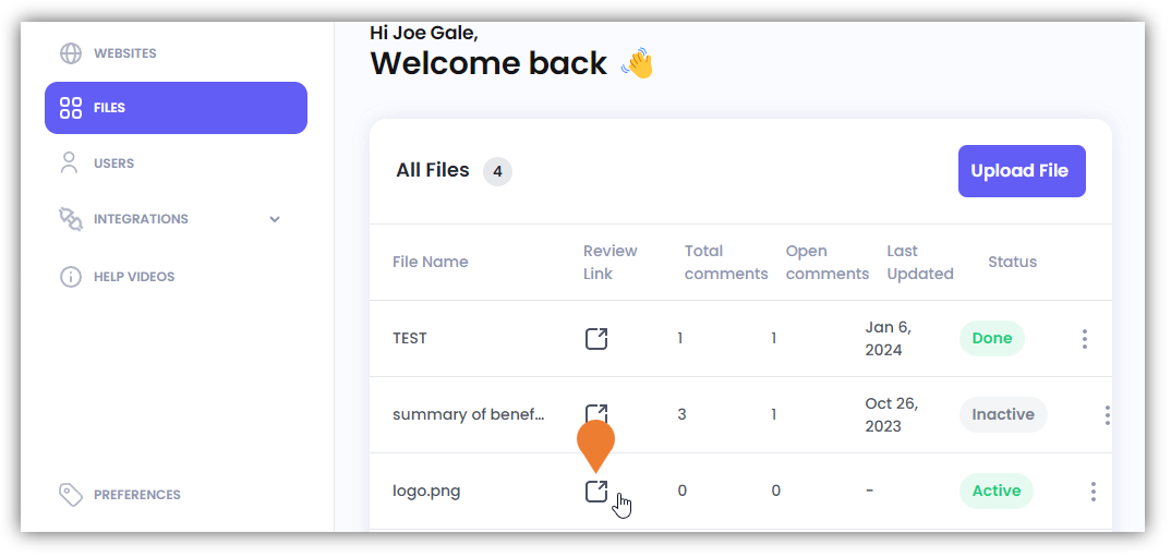 Find the file and click its Review Link icon