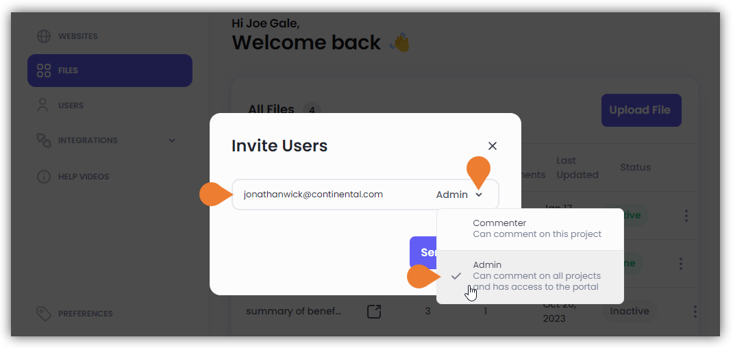 The Invite Users dialog box will appear