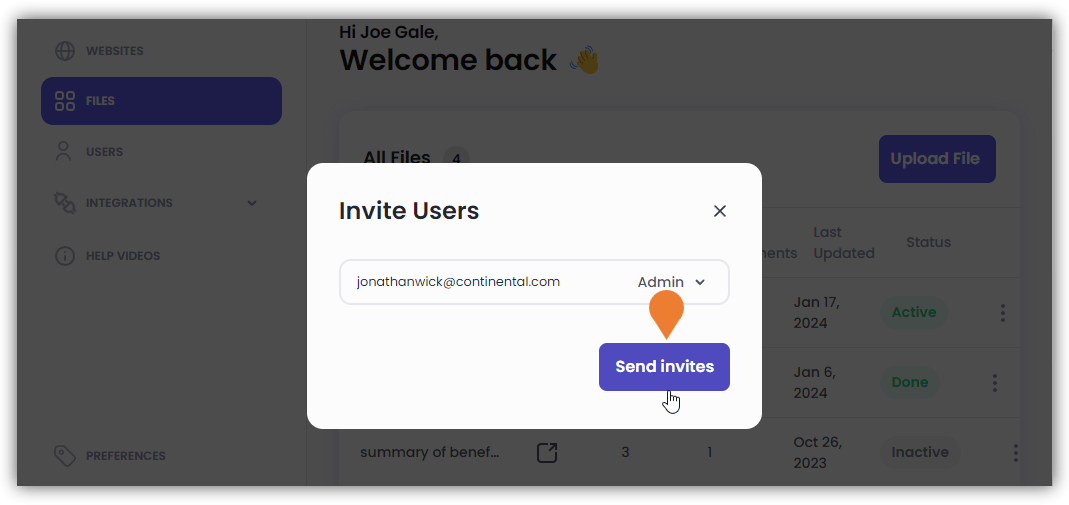 After entering and defining the required credentials, click the Send invites button