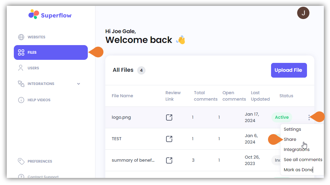 Click the FILES module to access the Files page